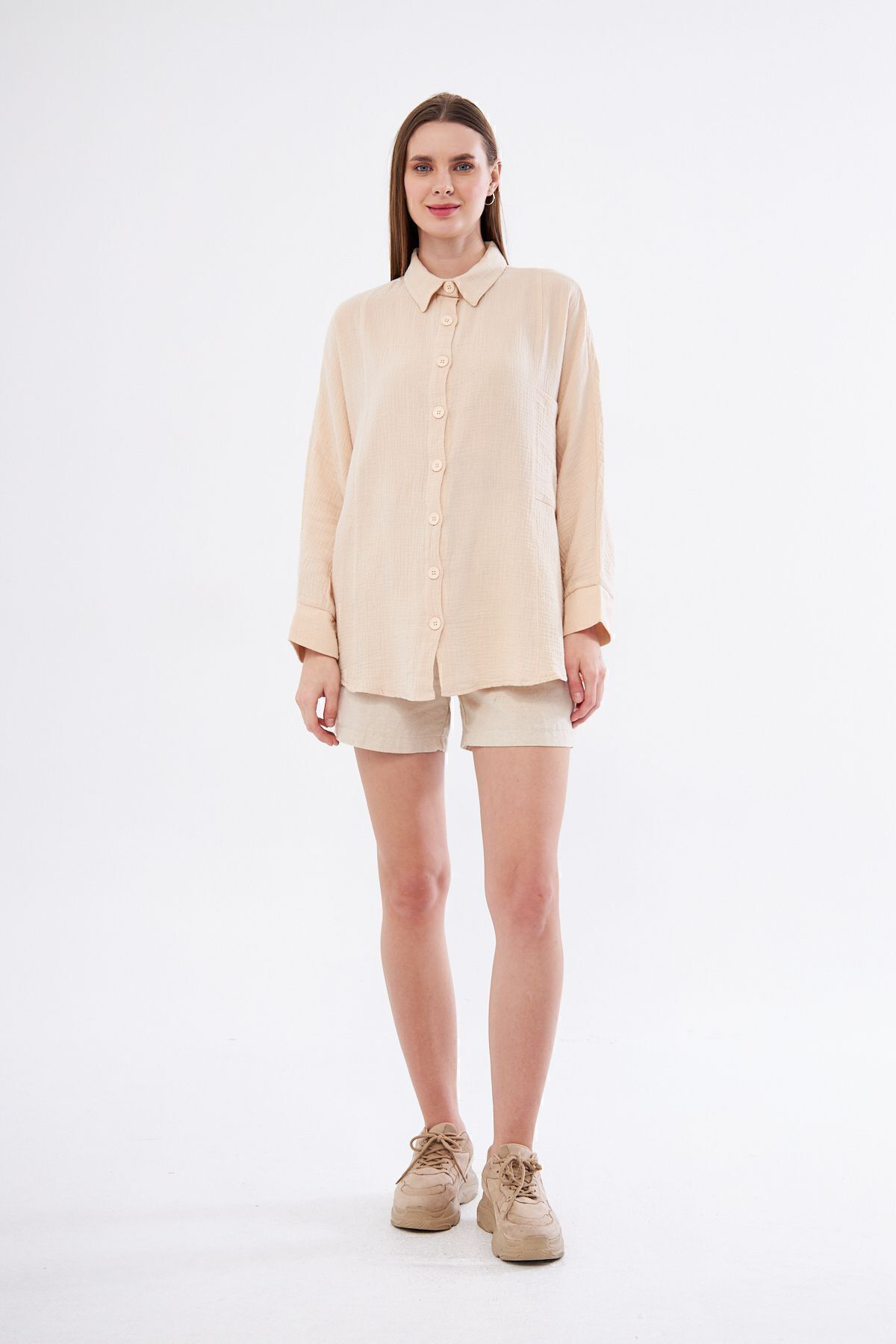 Yıldızistan Kadın Yarasa Kol Dokulu Cepli Uzun Spor Gömlek Taş 3406260