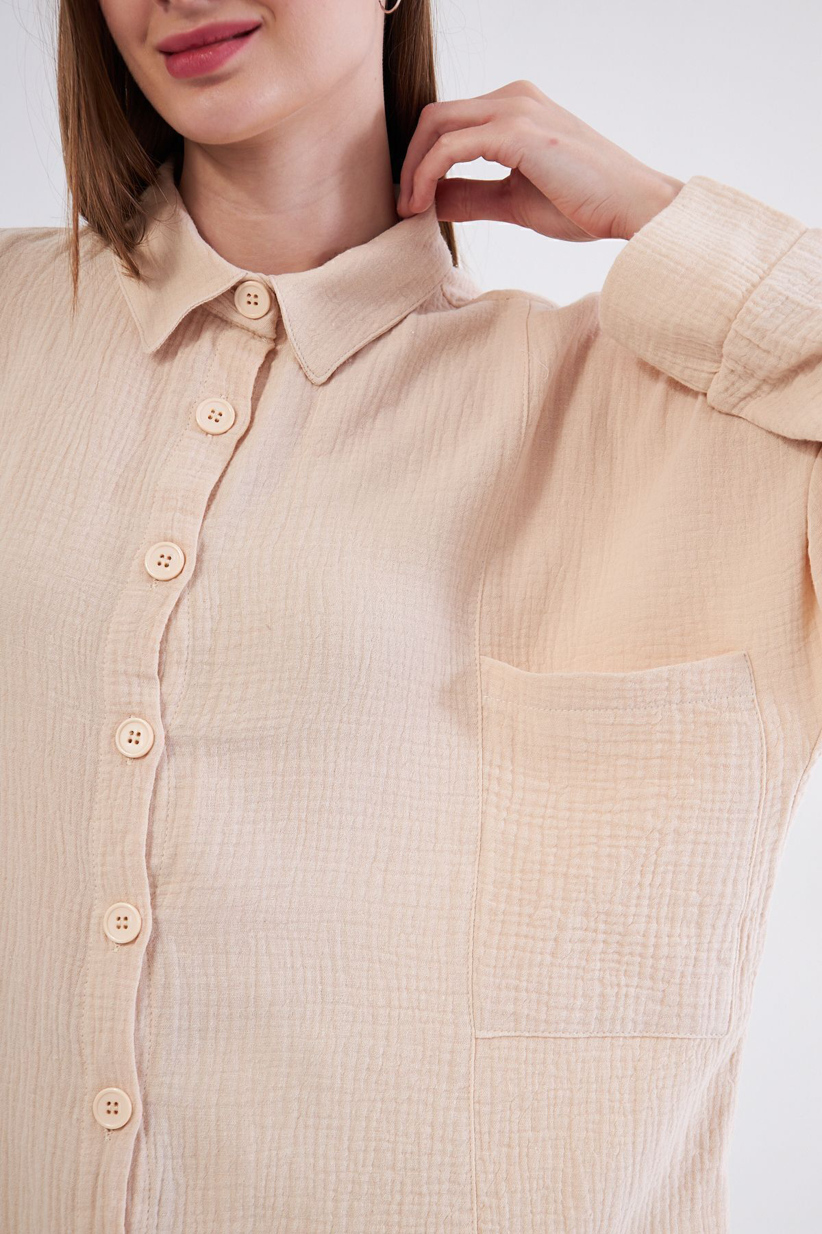 Yıldızistan Kadın Yarasa Kol Dokulu Cepli Uzun Spor Gömlek Taş 3406260