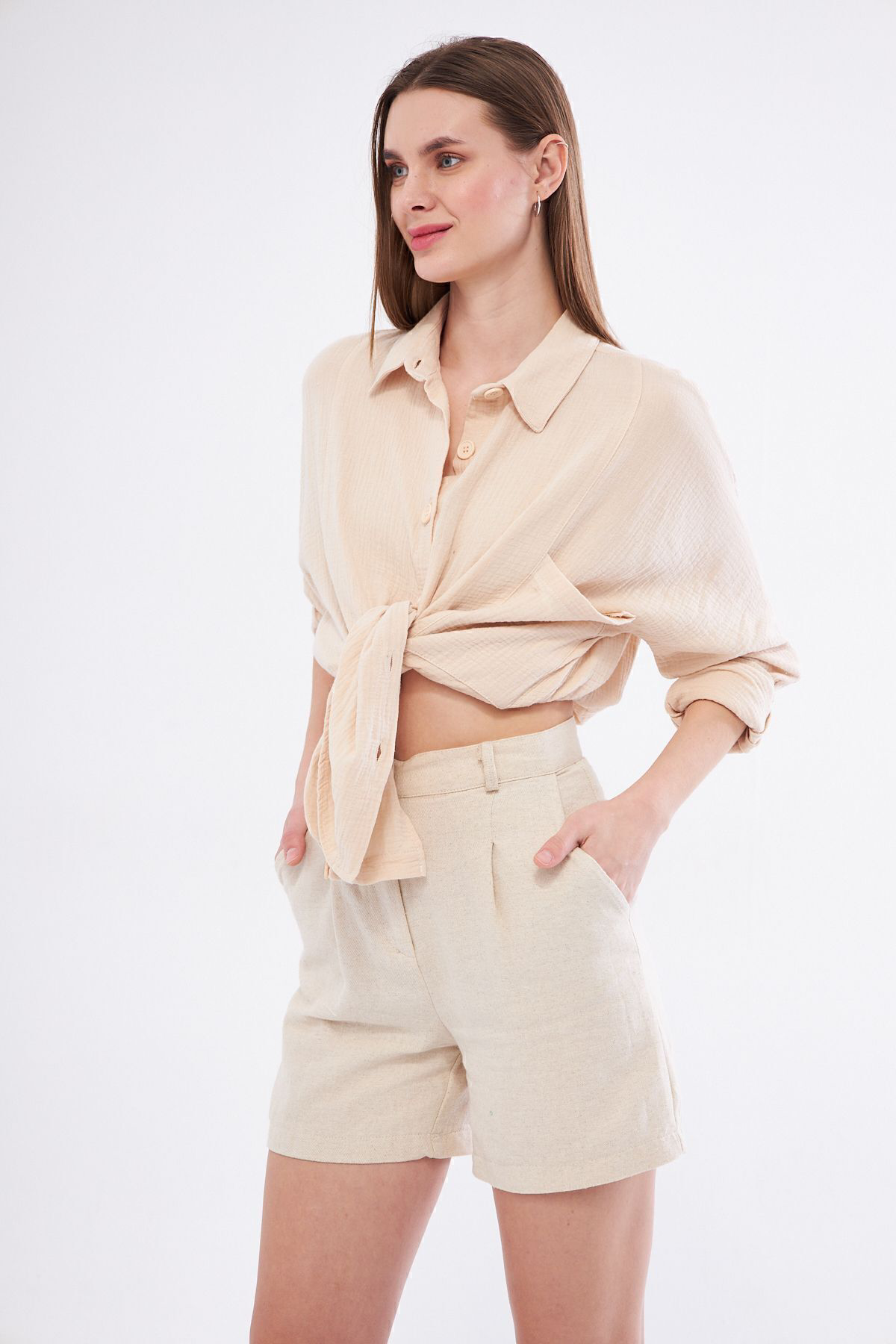 Yıldızistan Kadın Yarasa Kol Dokulu Cepli Uzun Spor Gömlek Taş 3406260