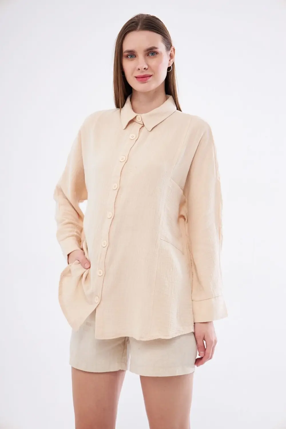 Kadın Yarasa Kol Dokulu Cepli Uzun Spor Gömlek Taş 3406260