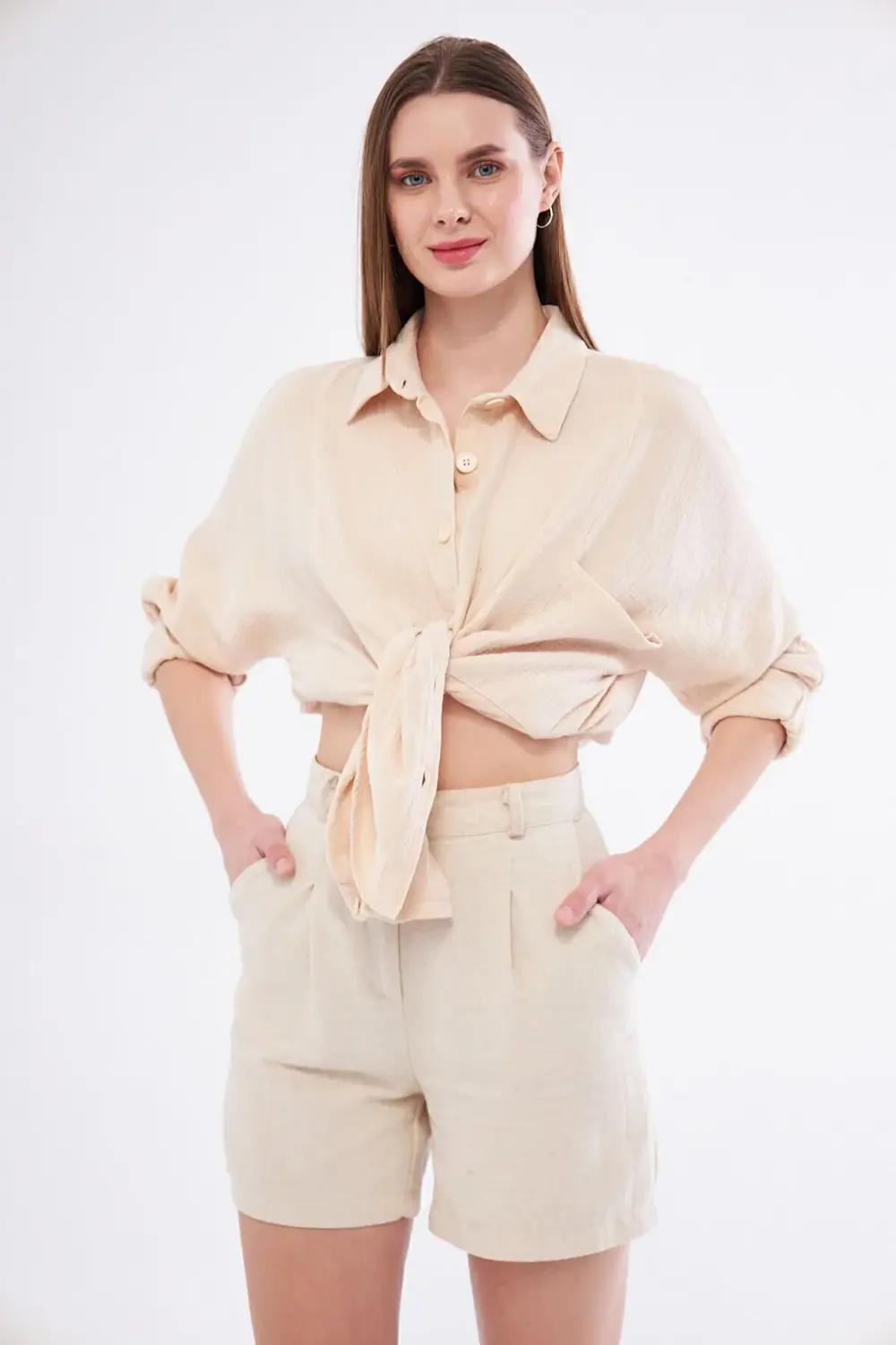 Kadın Yarasa Kol Dokulu Cepli Uzun Spor Gömlek Taş 3406260