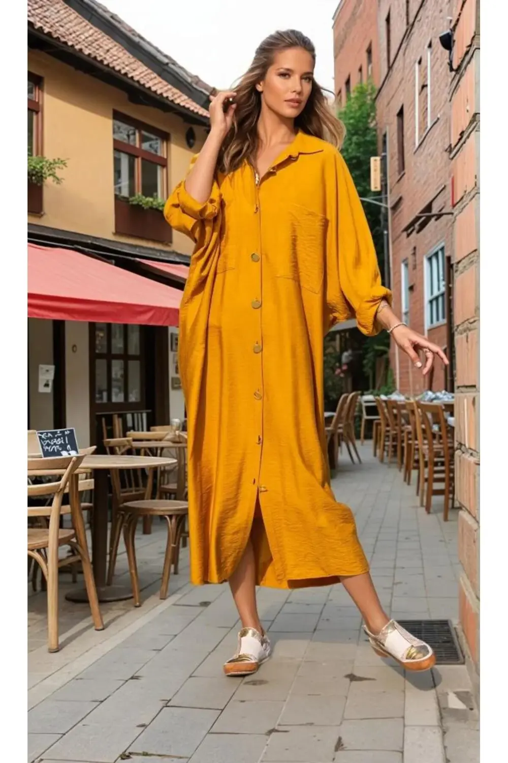 Kadın Yarasa Kol Tesettüre Uygun Gömlek Elbise Keten Karışımlı Tu