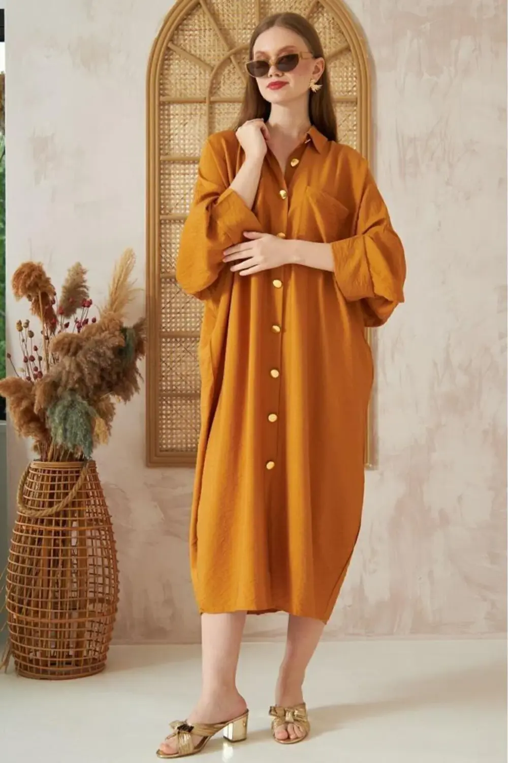 Kadın Yarasa Kol Tesettüre Uygun Gömlek Elbise Keten Karışımlı Tu