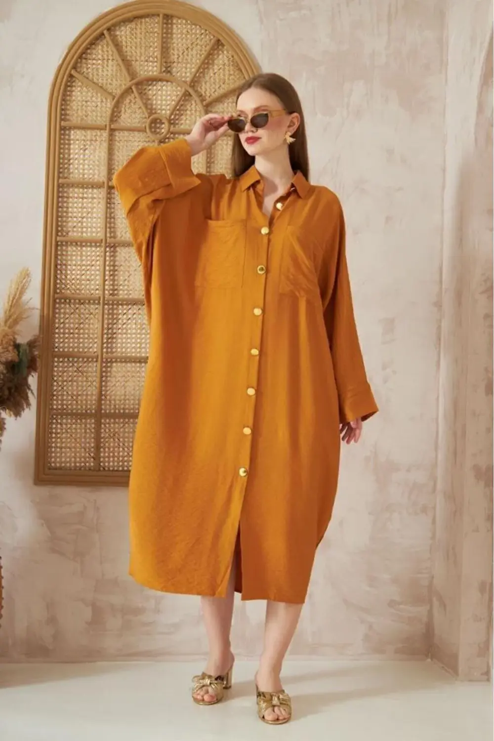 Kadın Yarasa Kol Tesettüre Uygun Gömlek Elbise Keten Karışımlı Tu