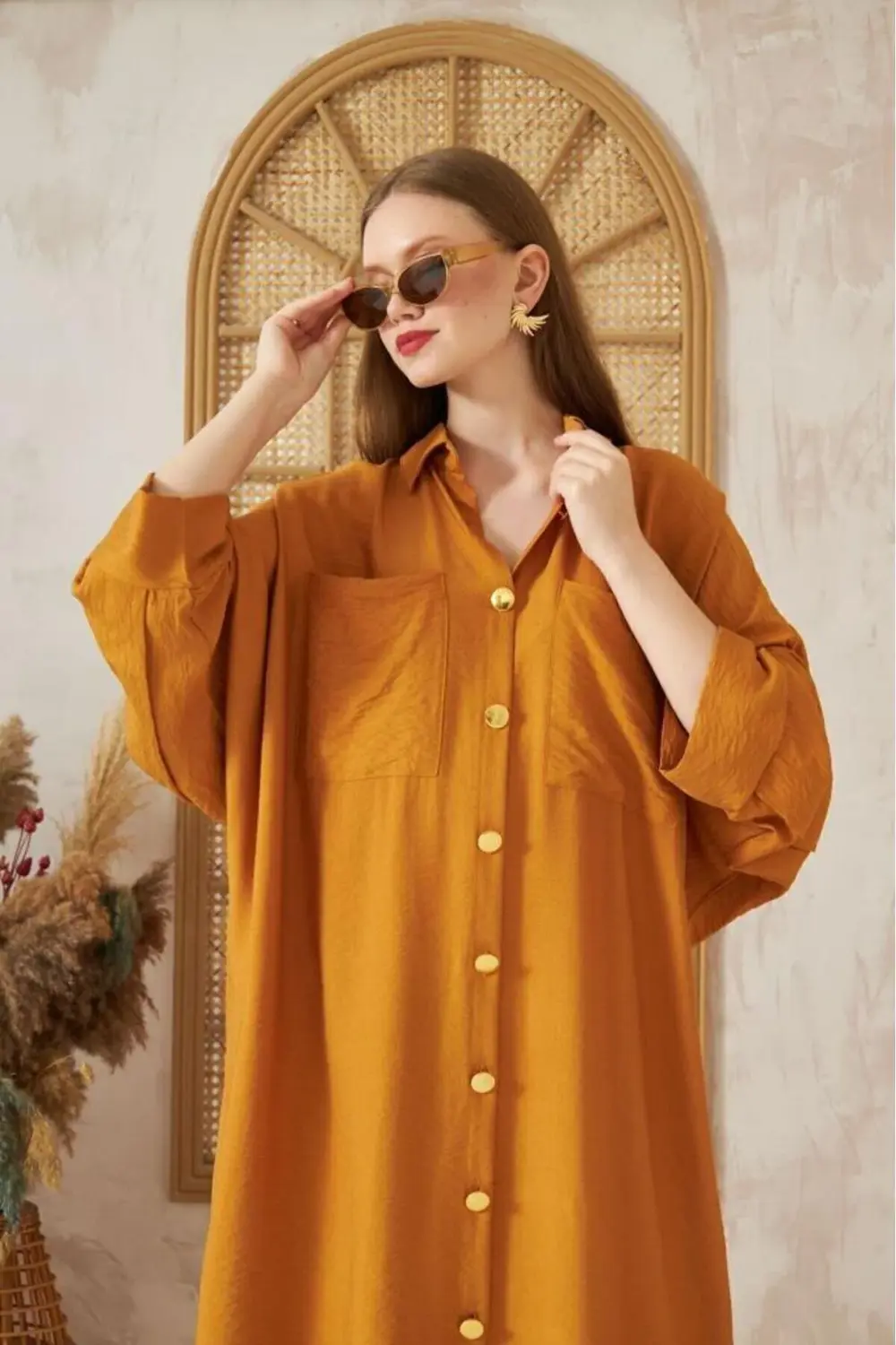 Kadın Yarasa Kol Tesettüre Uygun Gömlek Elbise Keten Karışımlı Tu