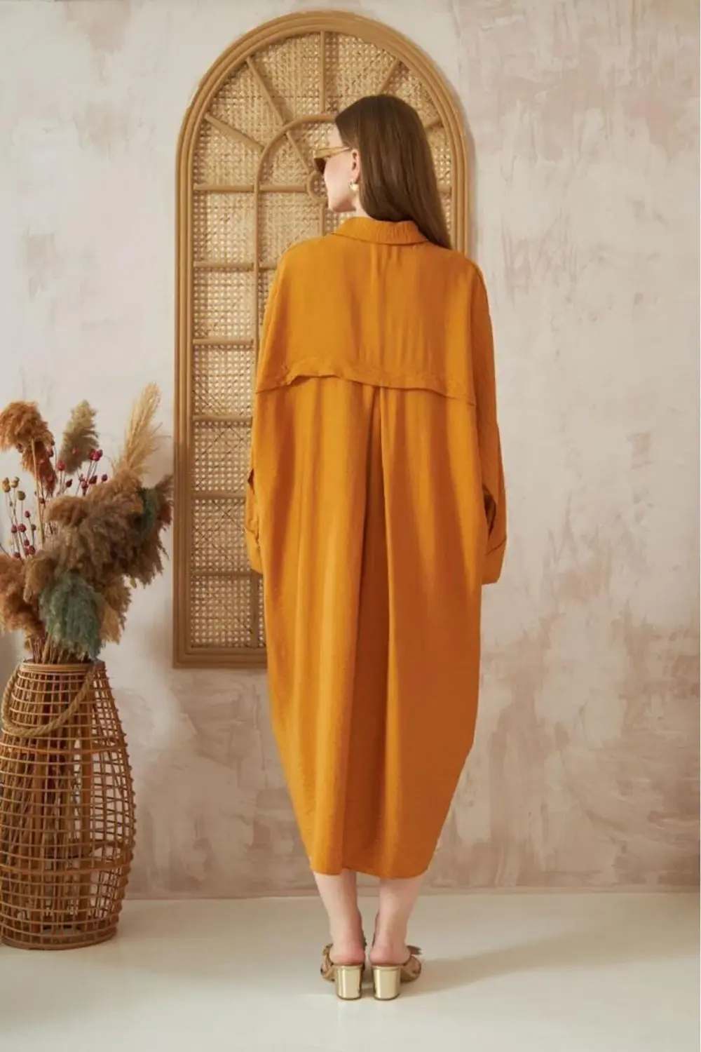 Kadın Yarasa Kol Tesettüre Uygun Gömlek Elbise Keten Karışımlı Tu