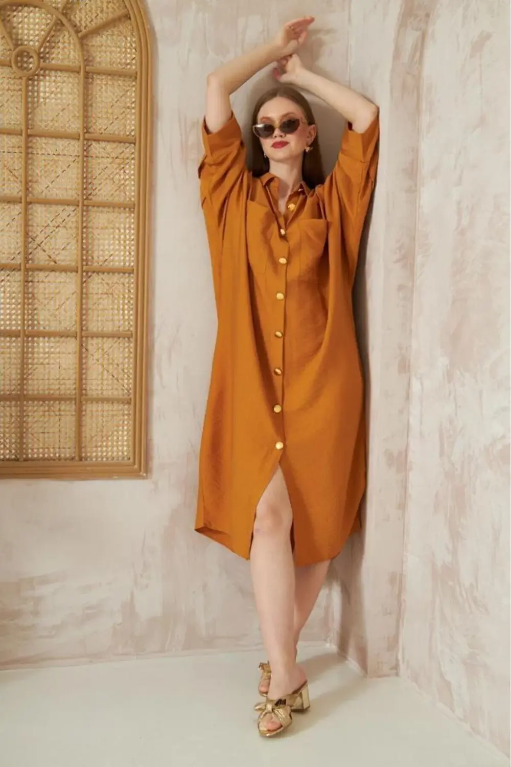 Kadın Yarasa Kol Tesettüre Uygun Gömlek Elbise Keten Karışımlı Tu