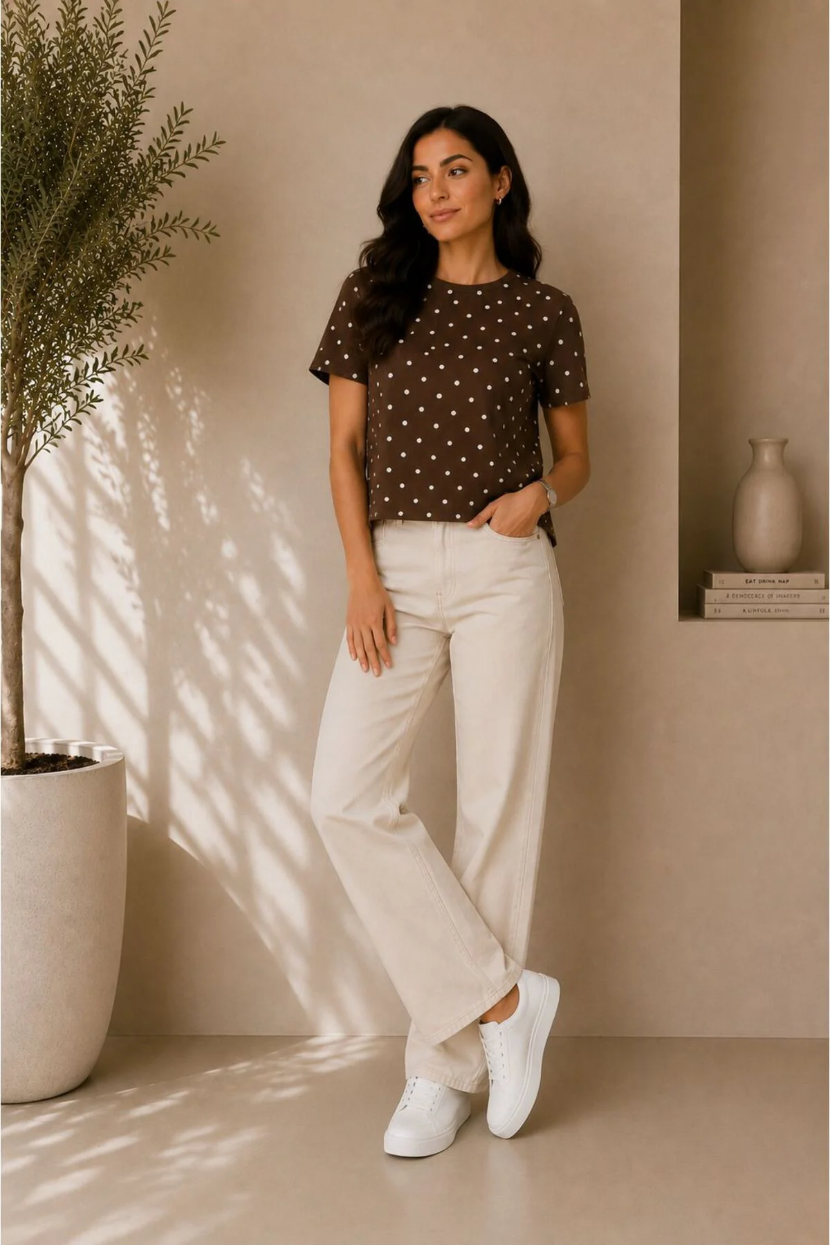 Kadın Yazlık Bisiklet Yaka Puantiye'li Kısa Kol Pamuk Penye Crop 