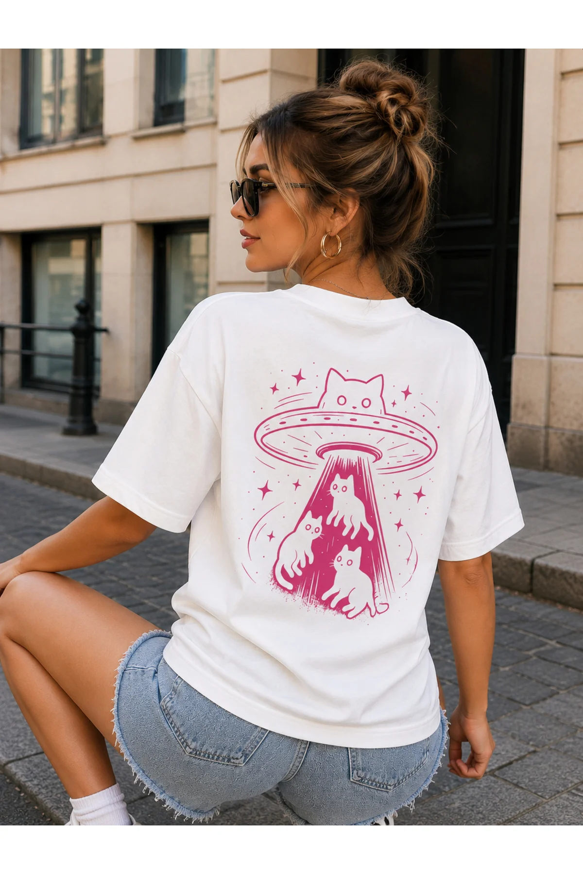 Kadın Yazlık Bol Kesim Yuvarlak Yaka Kısa Kollu Tişört, Çizgi Film Kedi ve Bilim Kurgu Grafik Baskılı Tişört Rahat Giyim T-shirt