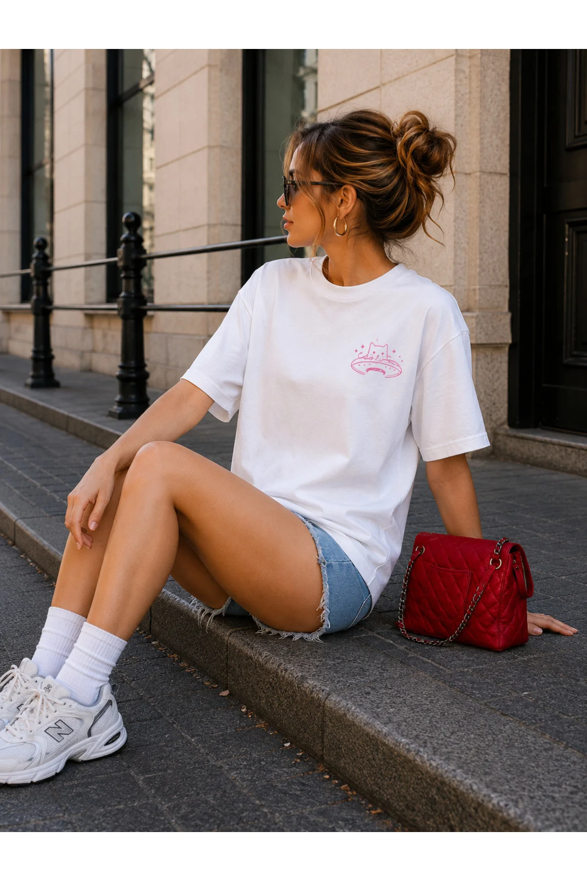 Kadın Yazlık Bol Kesim Yuvarlak Yaka Kısa Kollu Tişört, Çizgi Film Kedi ve Bilim Kurgu Grafik Baskılı Tişört Rahat Giyim T-shirt