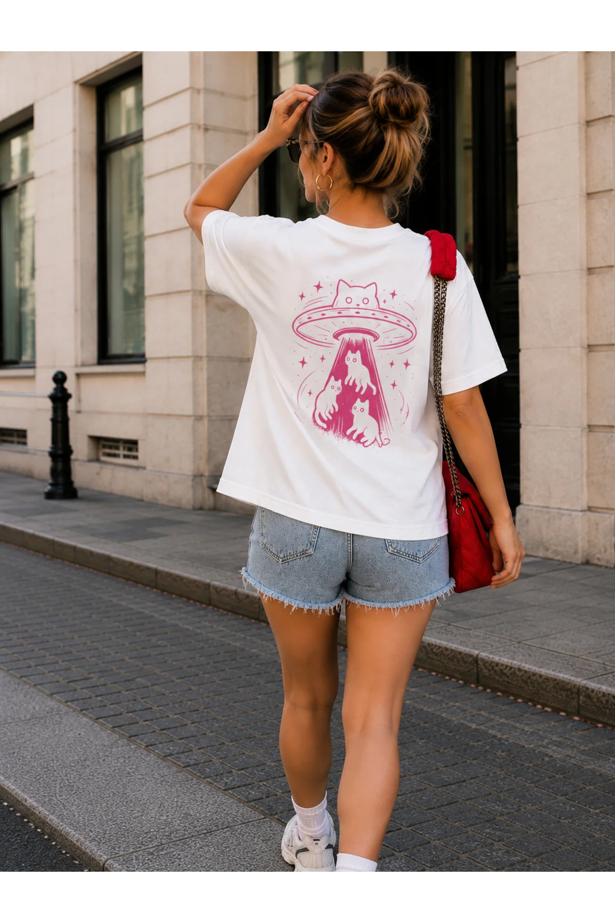 Kadın Yazlık Bol Kesim Yuvarlak Yaka Kısa Kollu Tişört, Çizgi Film Kedi ve Bilim Kurgu Grafik Baskılı Tişört Rahat Giyim T-shirt