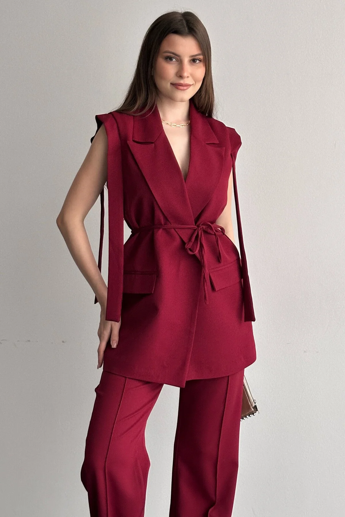 Kadın Yelek Pantolon Alt Üst Takım Kuşak Detaylı Blazer Yelek Palazzo Pantolon Şık İkili Takım