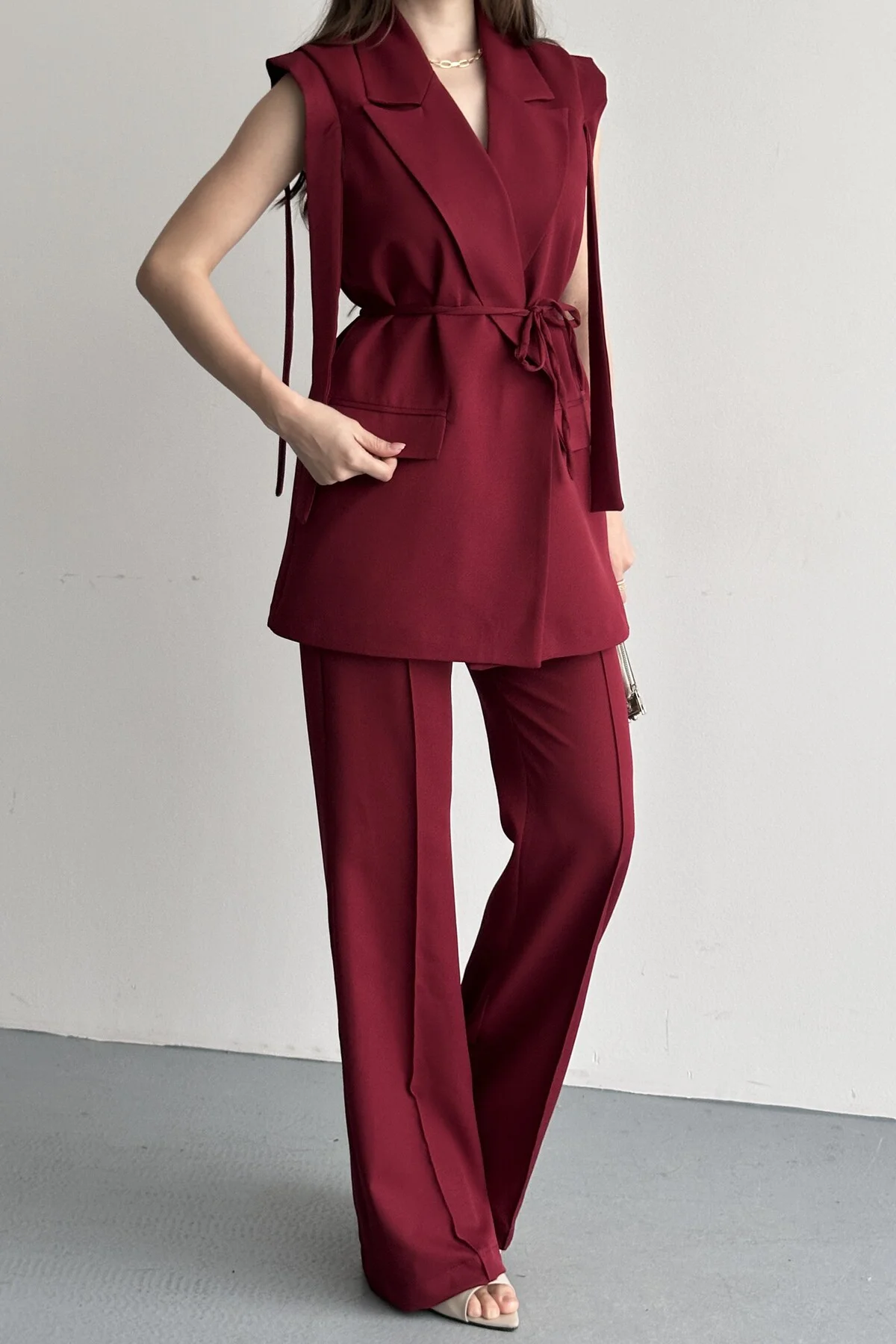 Kadın Yelek Pantolon Alt Üst Takım Kuşak Detaylı Blazer Yelek Palazzo Pantolon Şık İkili Takım