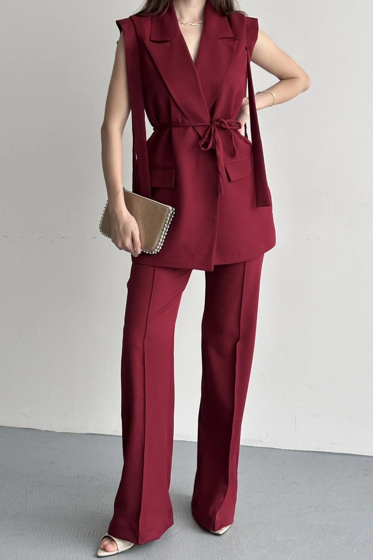 Kadın Yelek Pantolon Alt Üst Takım Kuşak Detaylı Blazer Yelek Palazzo Pantolon Şık İkili Takım