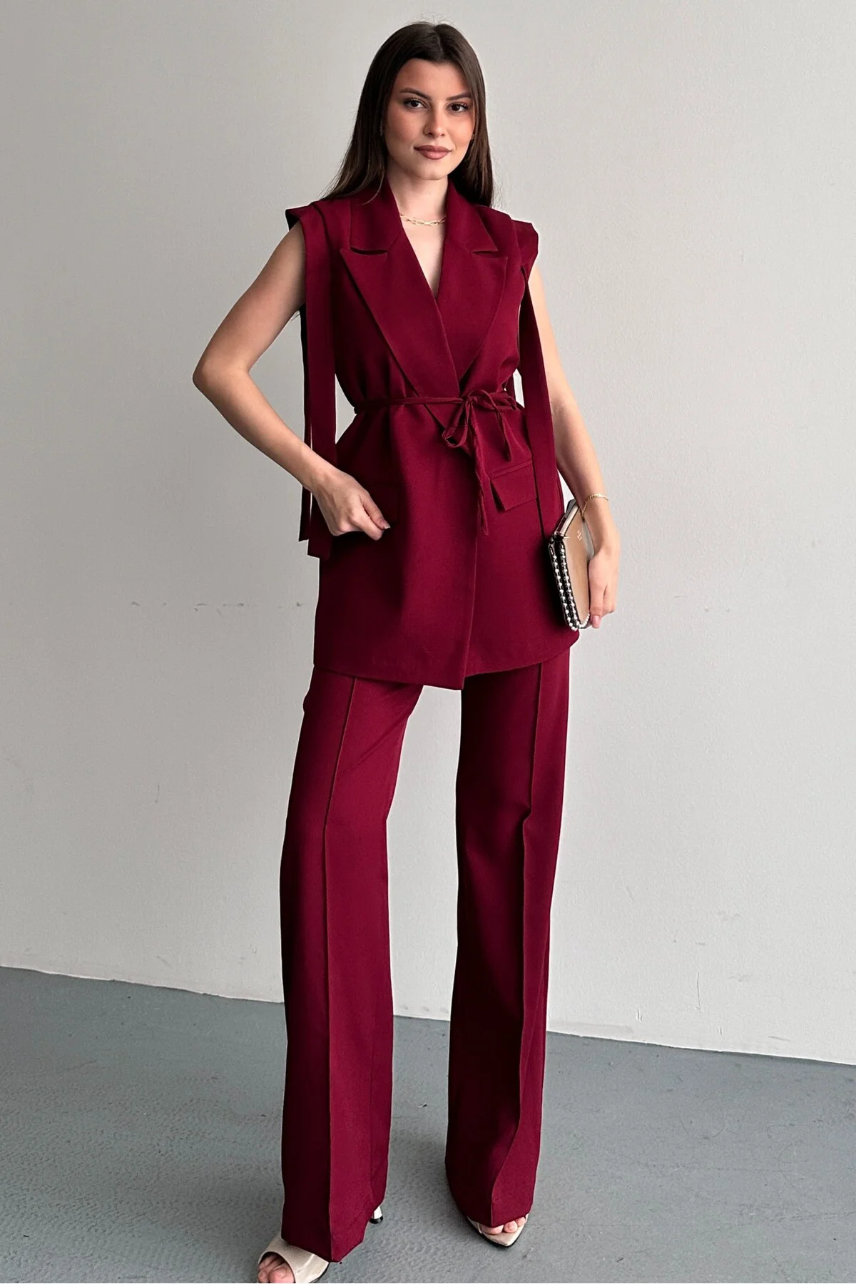 Kadın Yelek Pantolon Alt Üst Takım Kuşak Detaylı Blazer Yelek Palazzo Pantolon Şık İkili Takım