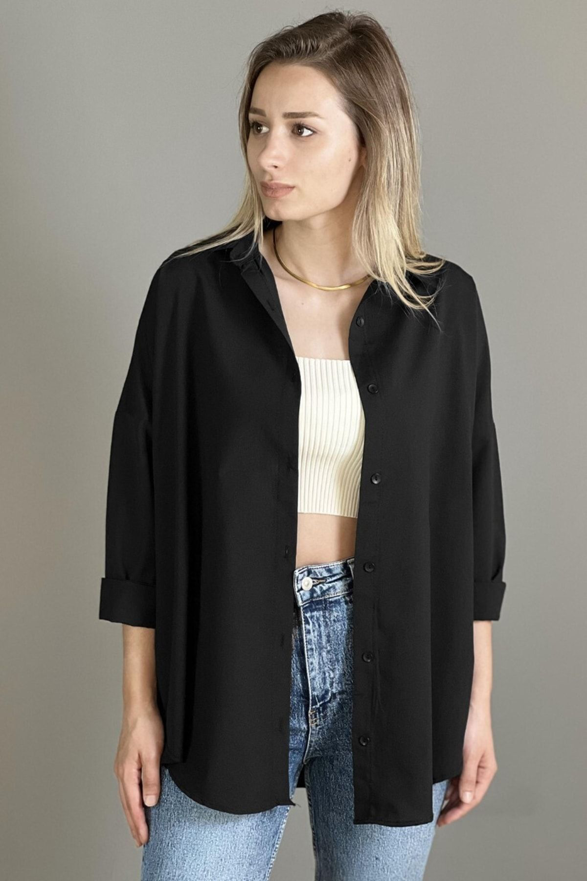 Kadın Yeni Sezon Oversize Siyah Salaş Kadın Gömlek