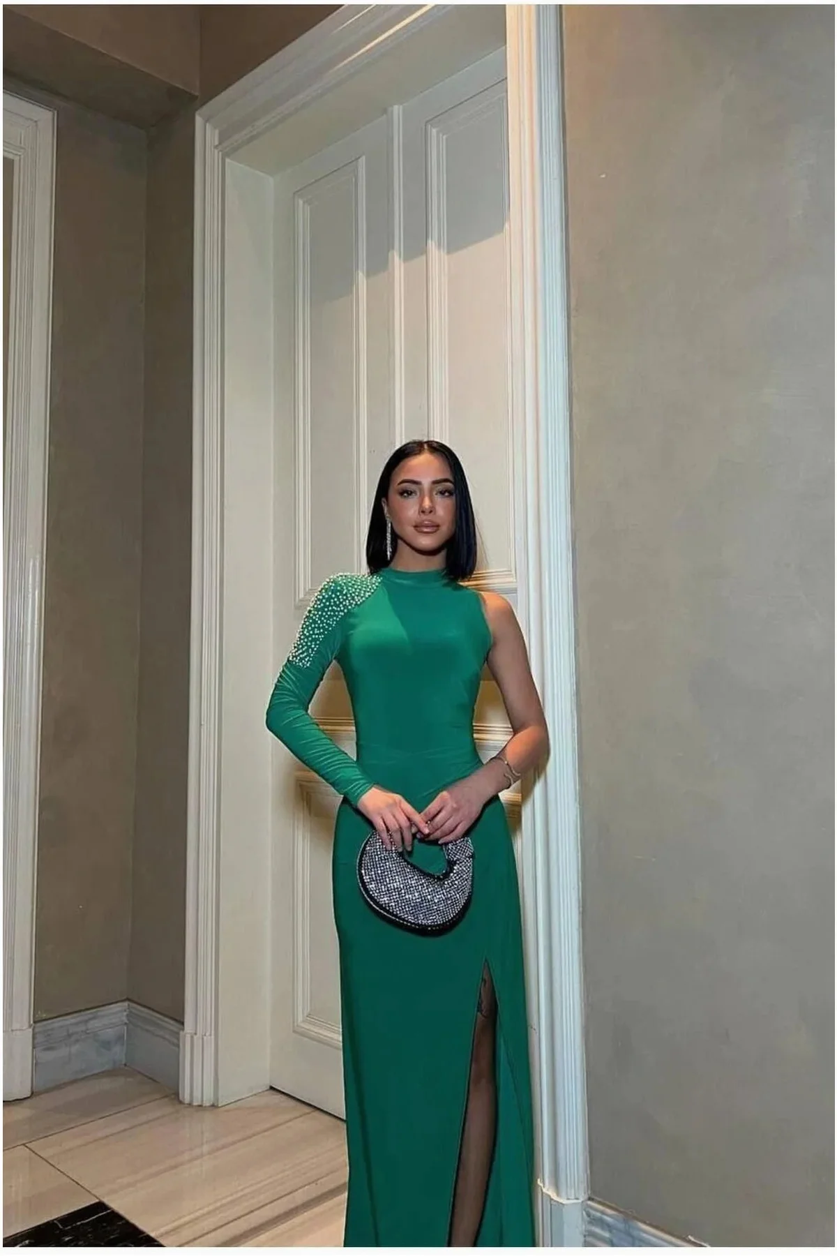 Kadın Yeni Sezon Bisiklet Yaka Tek Kollu Abiye Elbise