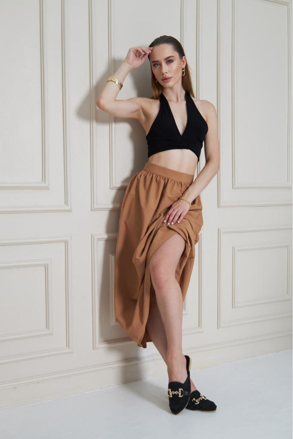 Pasaklı Giyim Kadın Yeni Sezon Karamel Paraşüt Kumaş Yazlık Gizli Fermuarlı Uzu