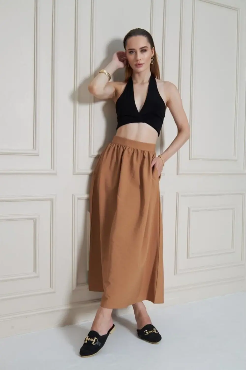 Kadın Yeni Sezon Karamel Paraşüt Kumaş Yazlık Gizli Fermuarlı Uzu