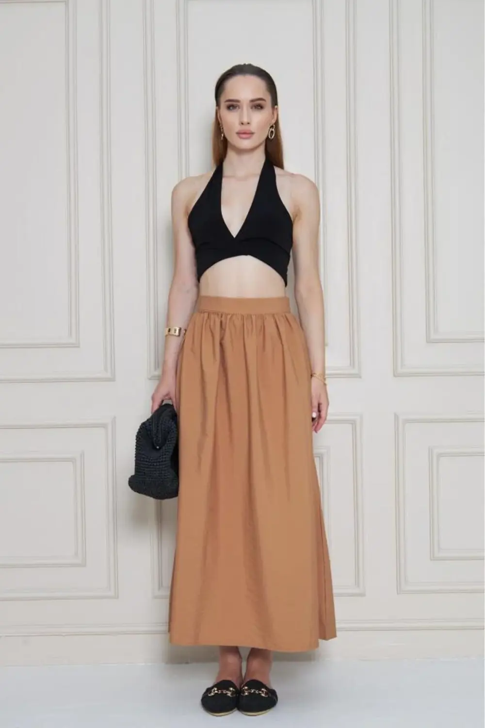 Kadın Yeni Sezon Karamel Paraşüt Kumaş Yazlık Gizli Fermuarlı Uzu