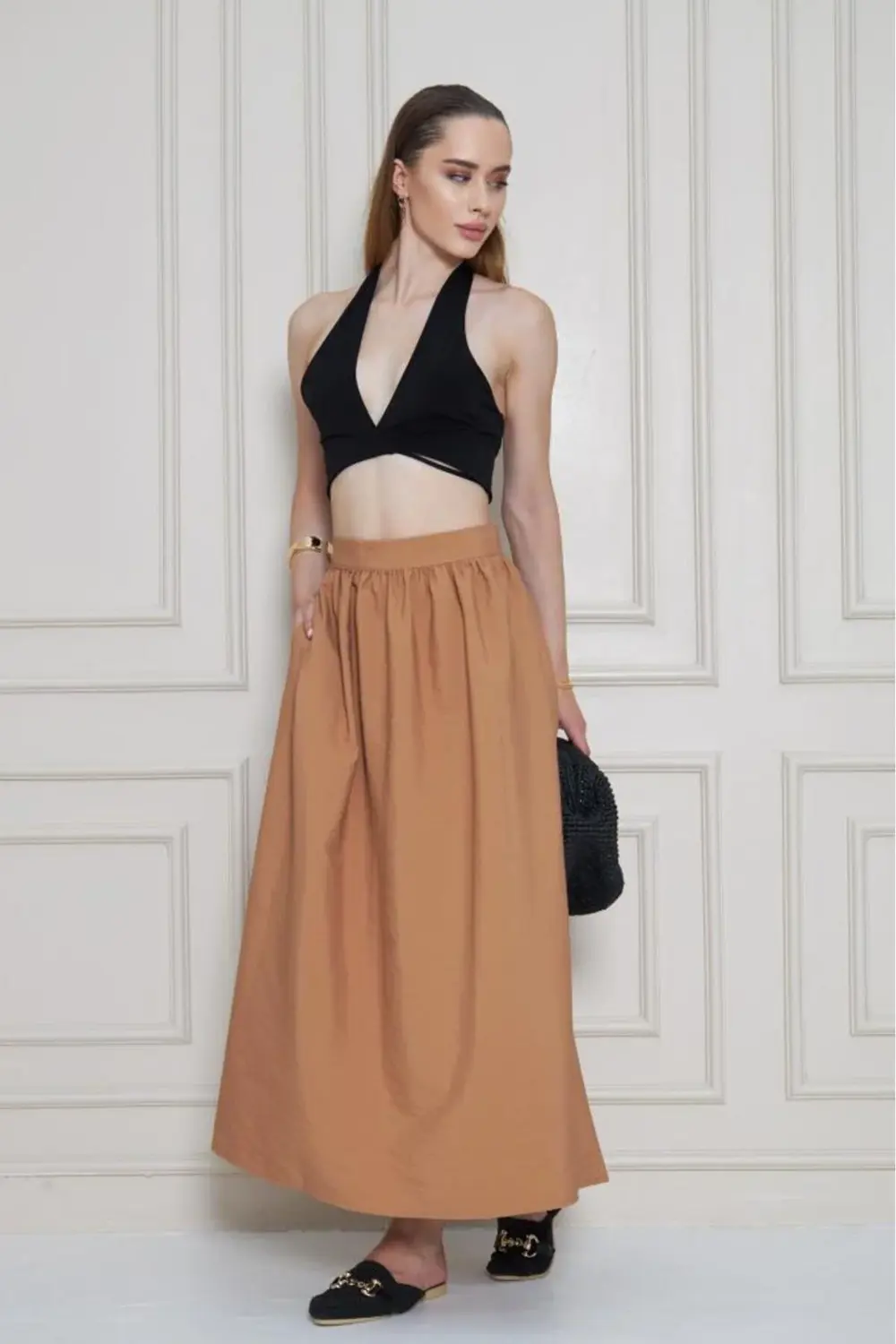 Kadın Yeni Sezon Karamel Paraşüt Kumaş Yazlık Gizli Fermuarlı Uzu