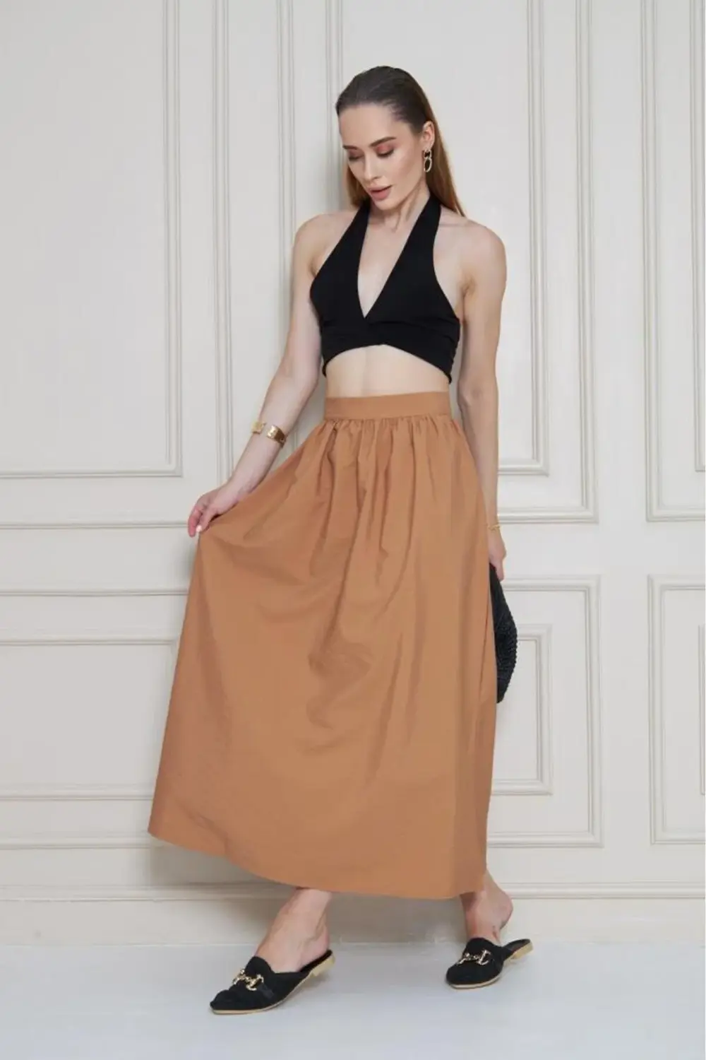 Kadın Yeni Sezon Karamel Paraşüt Kumaş Yazlık Gizli Fermuarlı Uzu