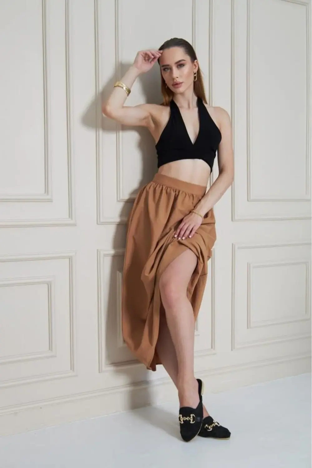 Kadın Yeni Sezon Karamel Paraşüt Kumaş Yazlık Gizli Fermuarlı Uzu