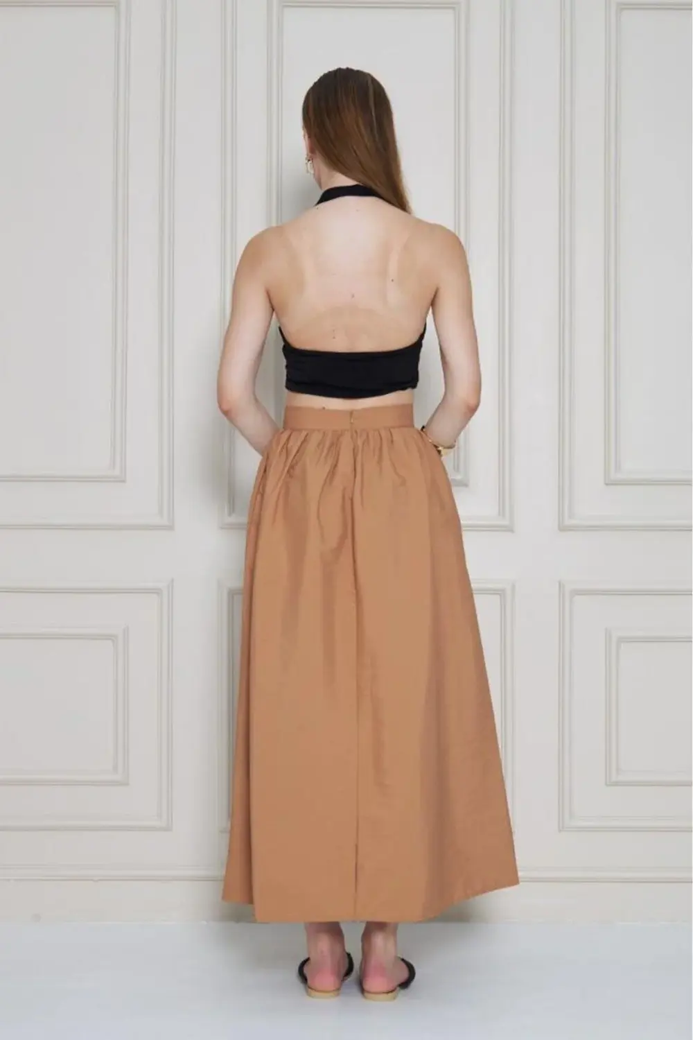 Kadın Yeni Sezon Karamel Paraşüt Kumaş Yazlık Gizli Fermuarlı Uzu