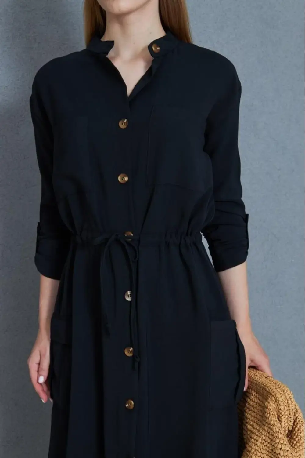 Kadın Yeni Sezon Krep Cepli Uzun Katlanabilir Kollu Büzgülü Bej E