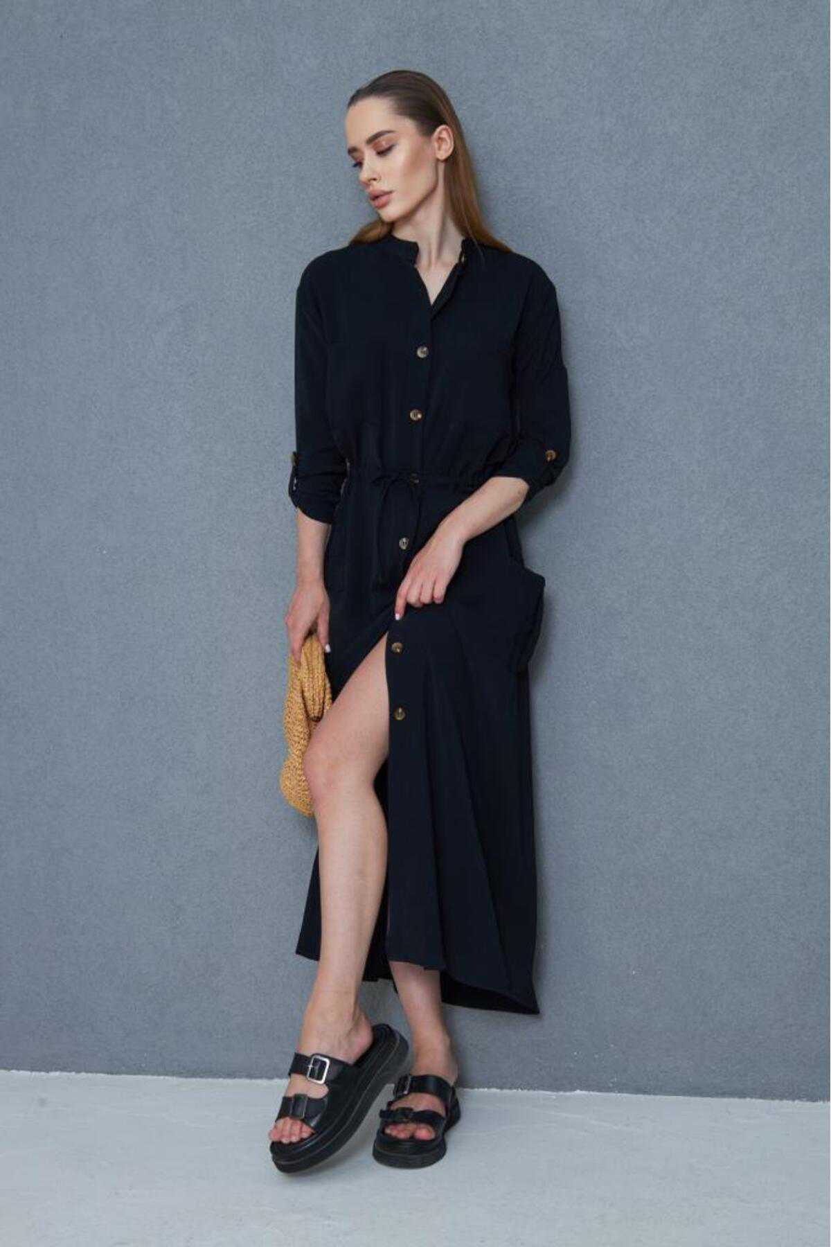 Pasaklı Giyim Kadın Yeni Sezon Siyah Krep Cepli Uzun Katlanabilir Kollu Büzgülü