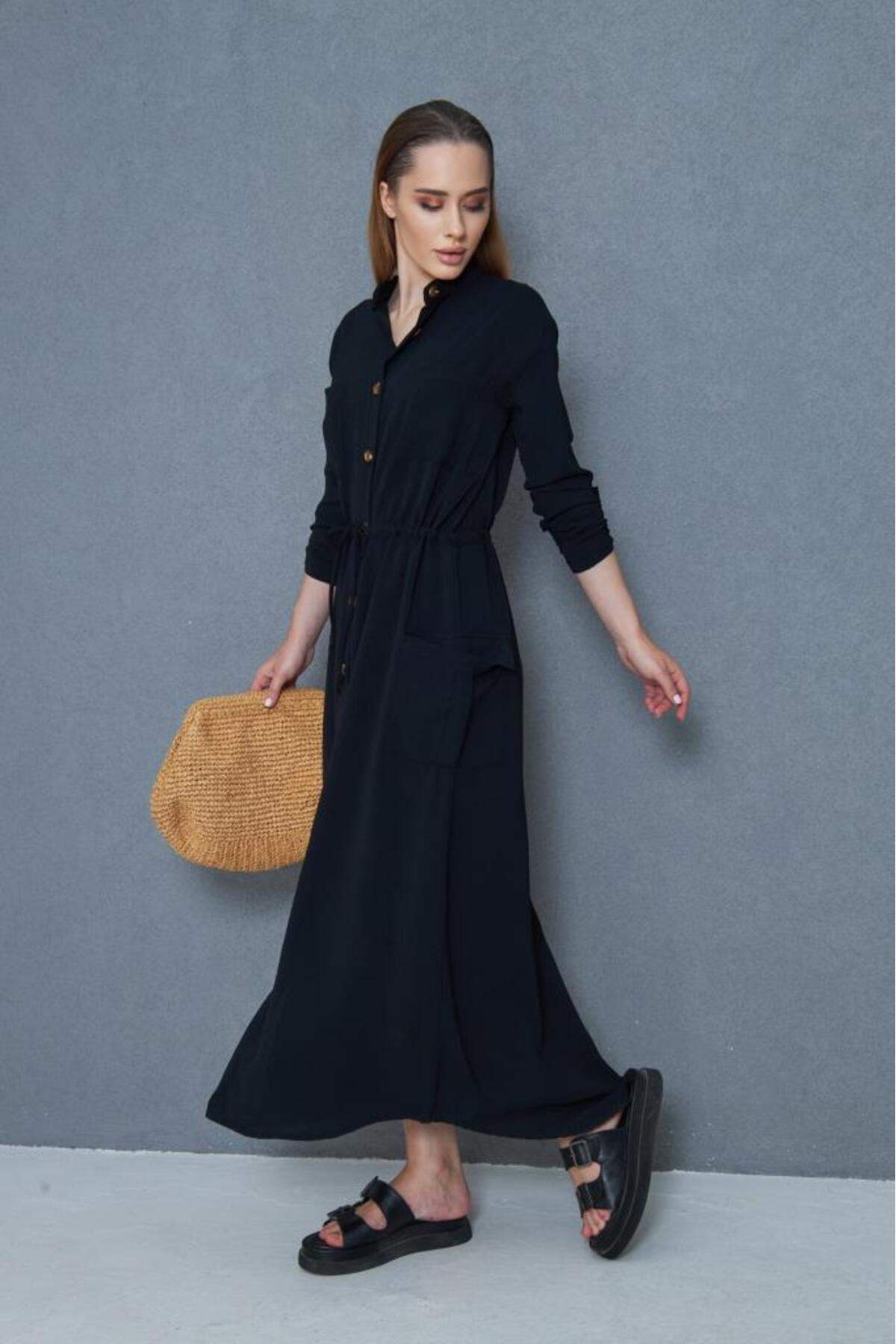 Pasaklı Giyim Kadın Yeni Sezon Siyah Krep Cepli Uzun Katlanabilir Kollu Büzgülü