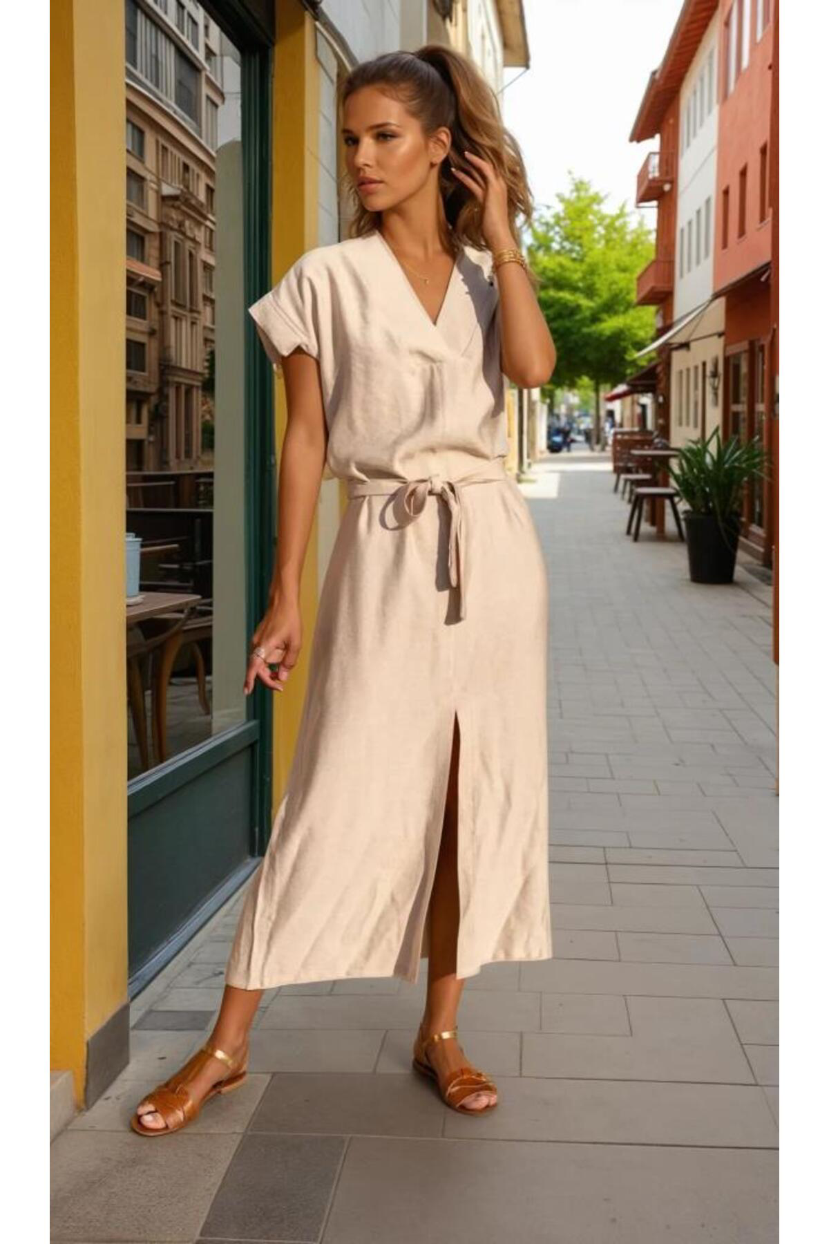 Pasaklı Giyim Kadın Yeni Sezon Taş Bej Keten Kemerli Uzun Kısa Kollu Yazlık Rah