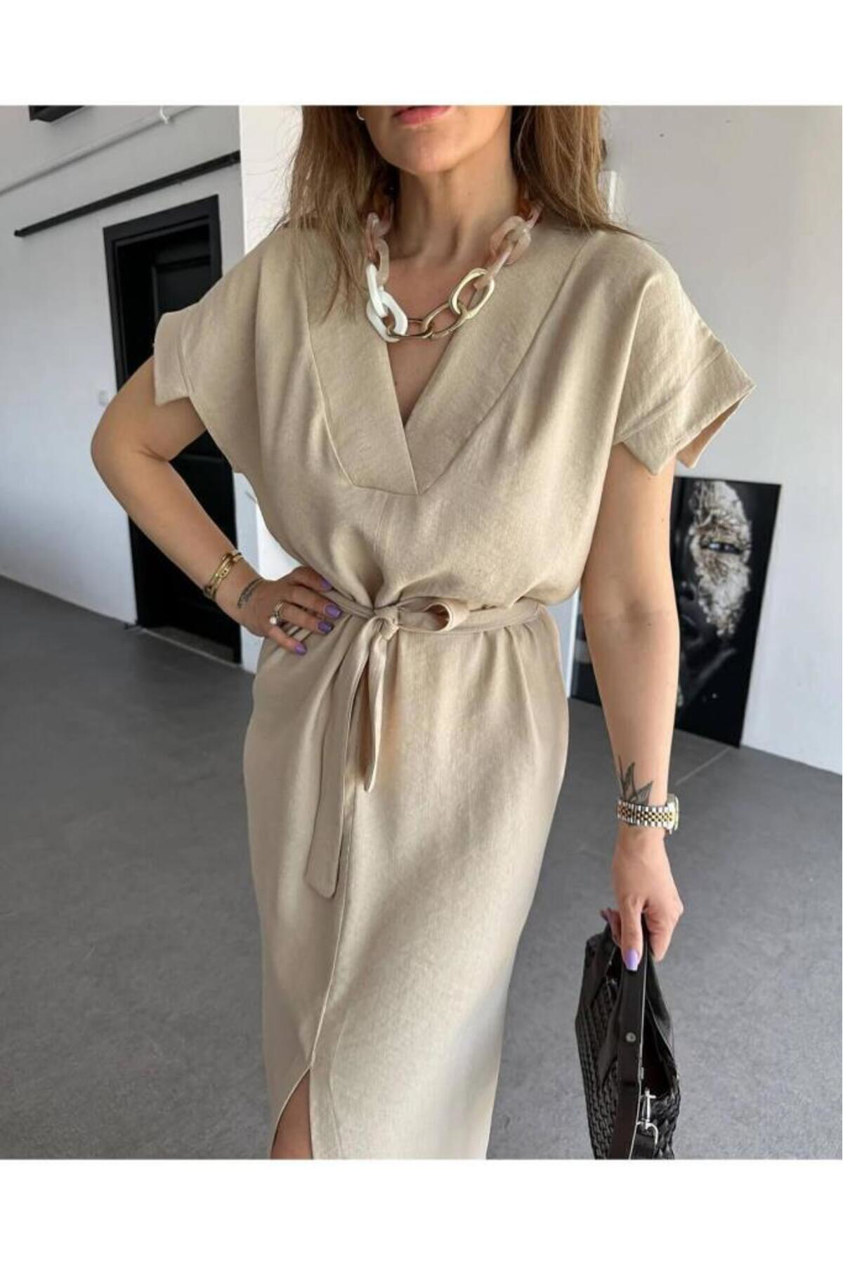 Pasaklı Giyim Kadın Yeni Sezon Taş Bej Keten Kemerli Uzun Kısa Kollu Yazlık Rah