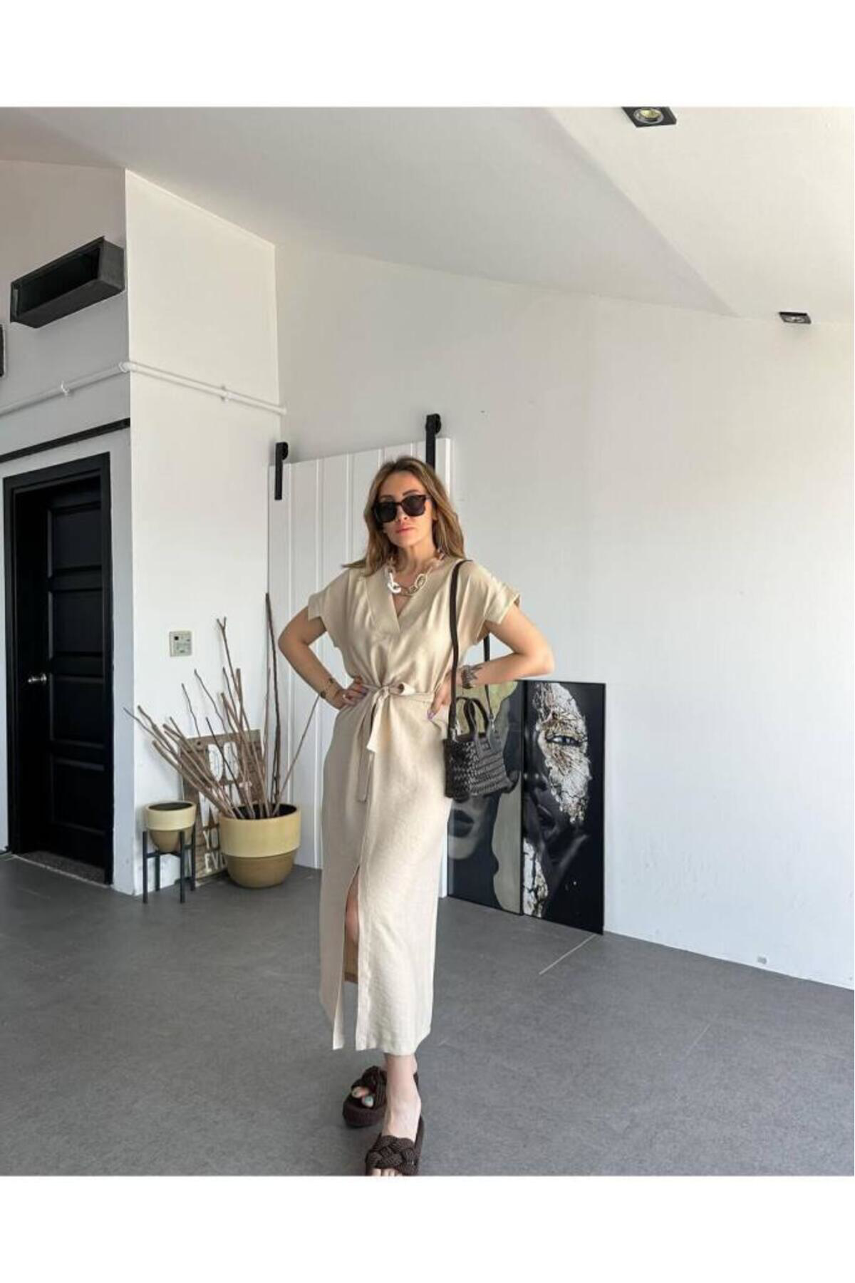 Pasaklı Giyim Kadın Yeni Sezon Taş Bej Keten Kemerli Uzun Kısa Kollu Yazlık Rah