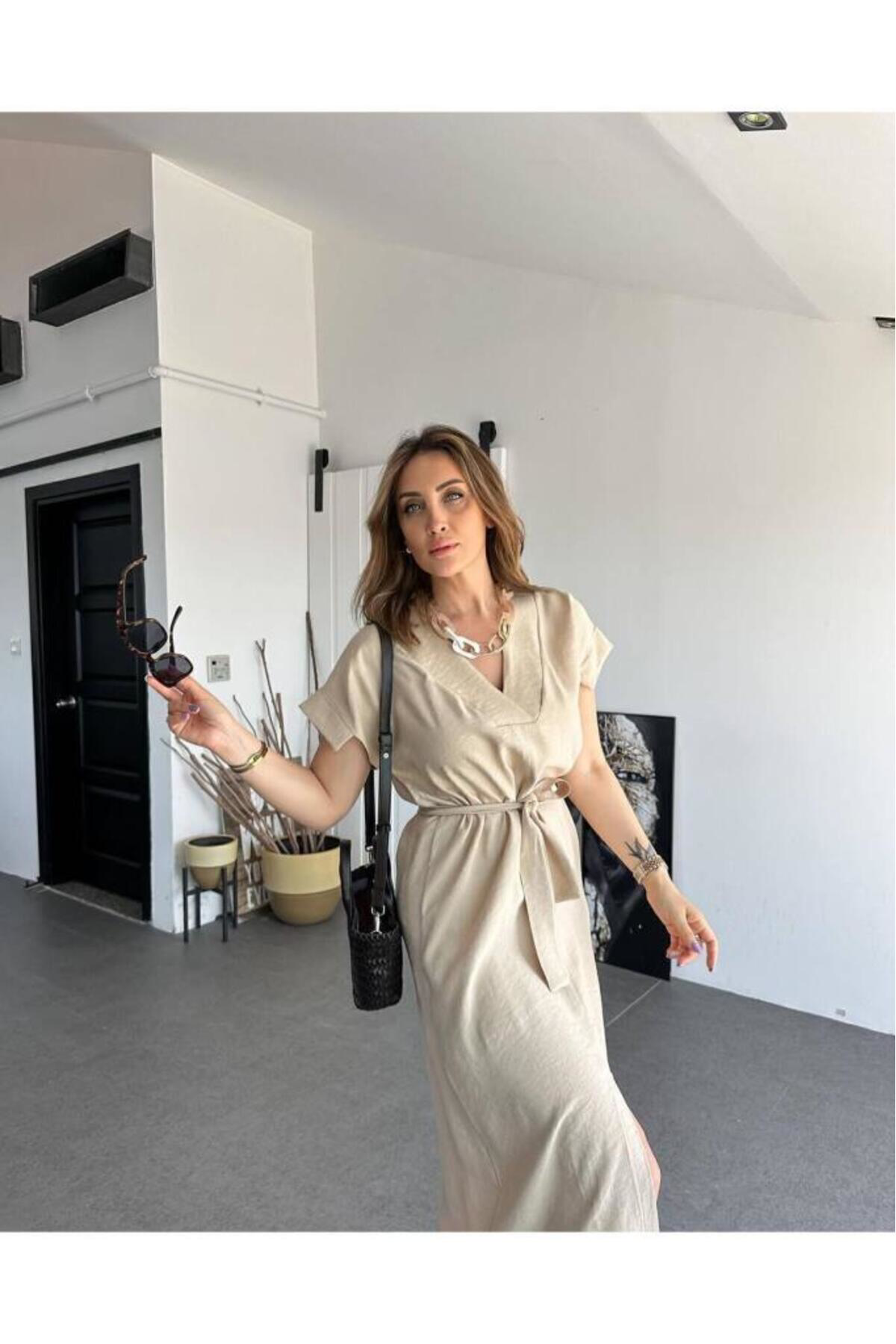 Pasaklı Giyim Kadın Yeni Sezon Taş Bej Keten Kemerli Uzun Kısa Kollu Yazlık Rah