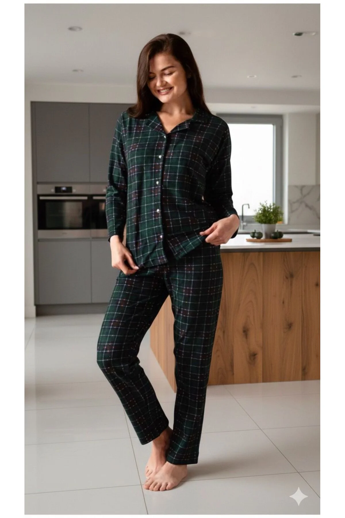 Kadın Yeşil Kareli Gömlek Süet Pijama Takımı