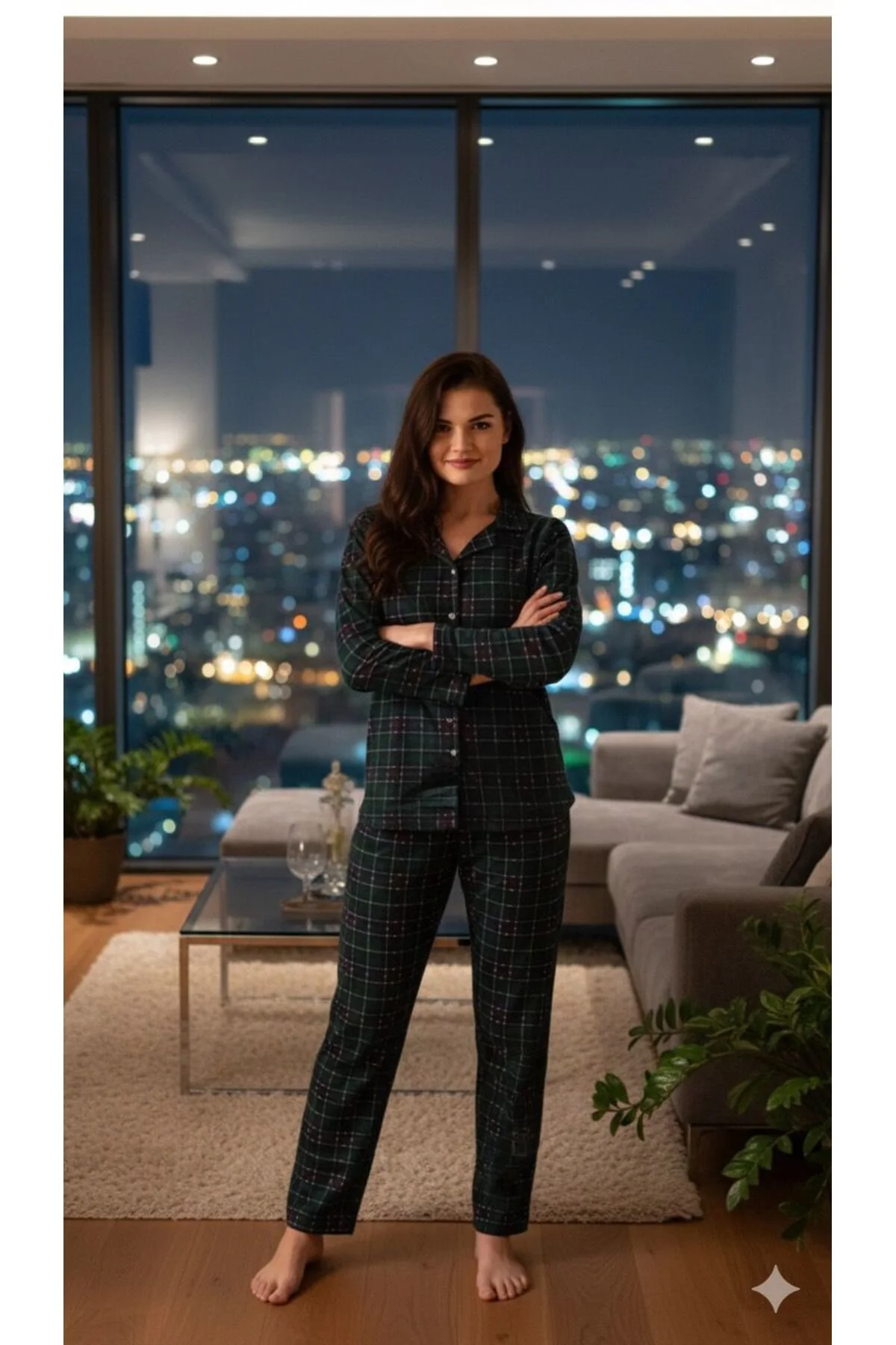 Kadın Yeşil Kareli Gömlek Süet Pijama Takımı