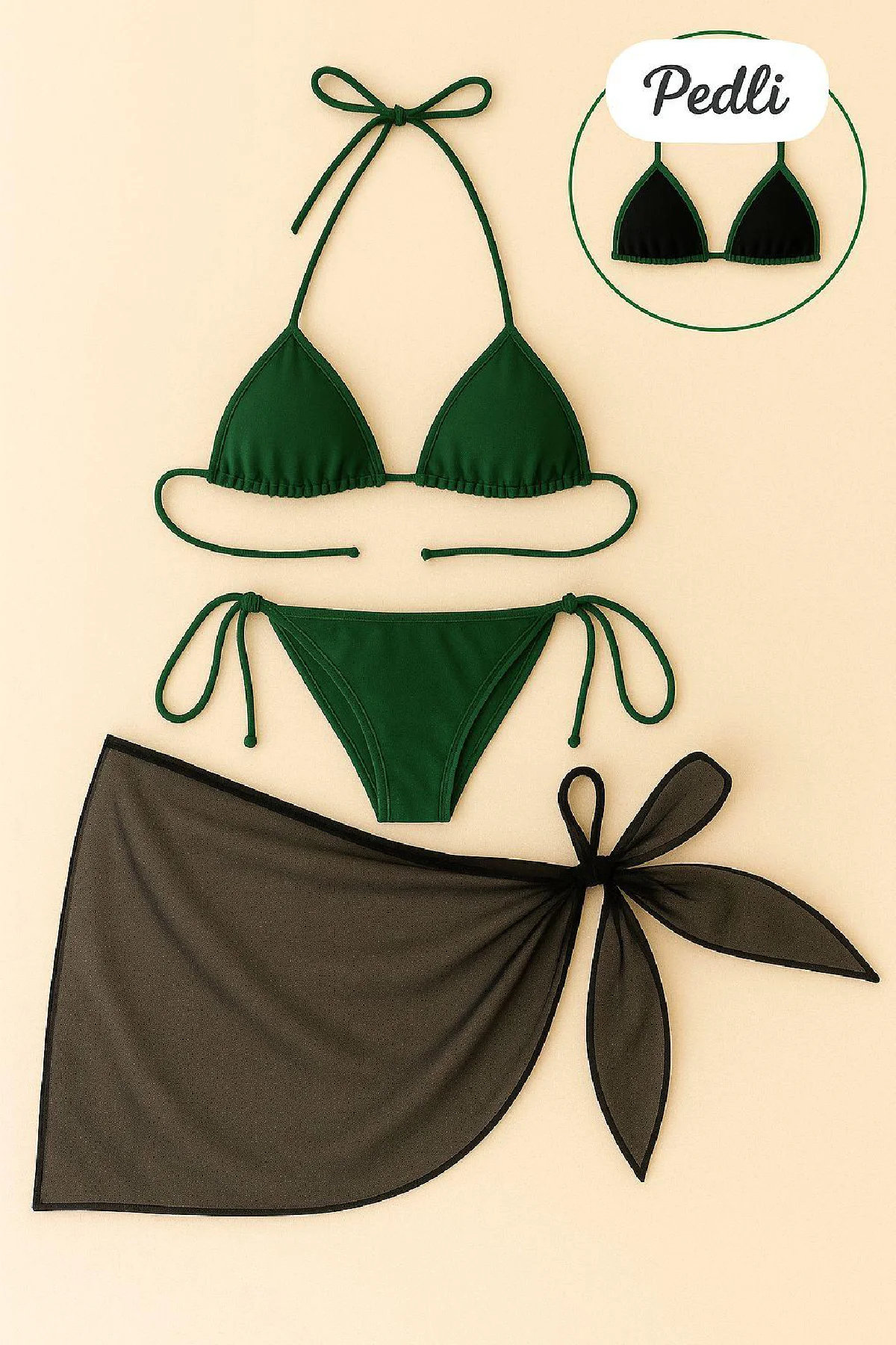 Kadın Yeşil Siyah Pareolu 3'lü Bikini Takımı - Yandan ve Boyundan Bağlamalı Mikro Likralı Plaj Bikinis Fiyatı, Yorumları ve Özellikleri