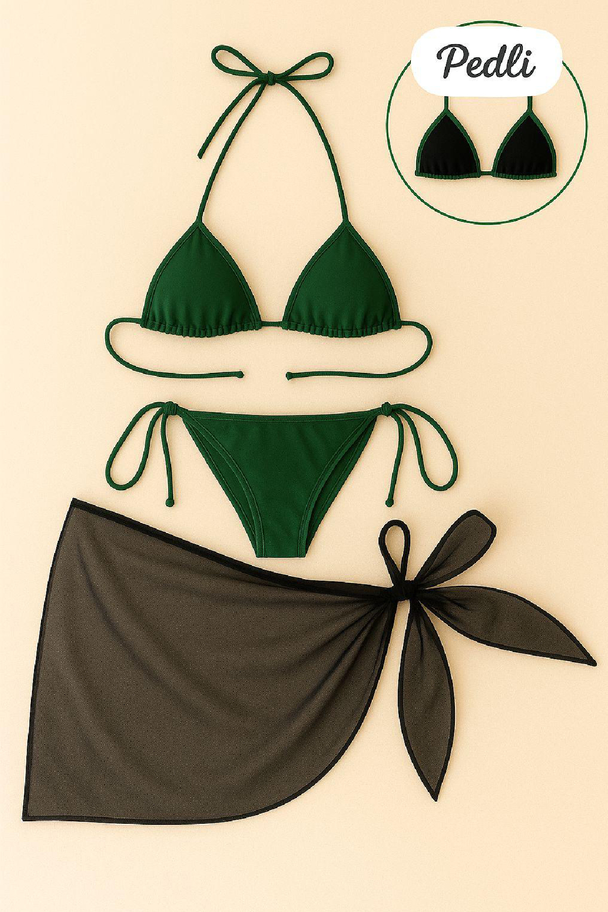 Kadın Yeşil Siyah Pareolu Yandan ve Boyundan Bağlamalı 3'lü Bikin