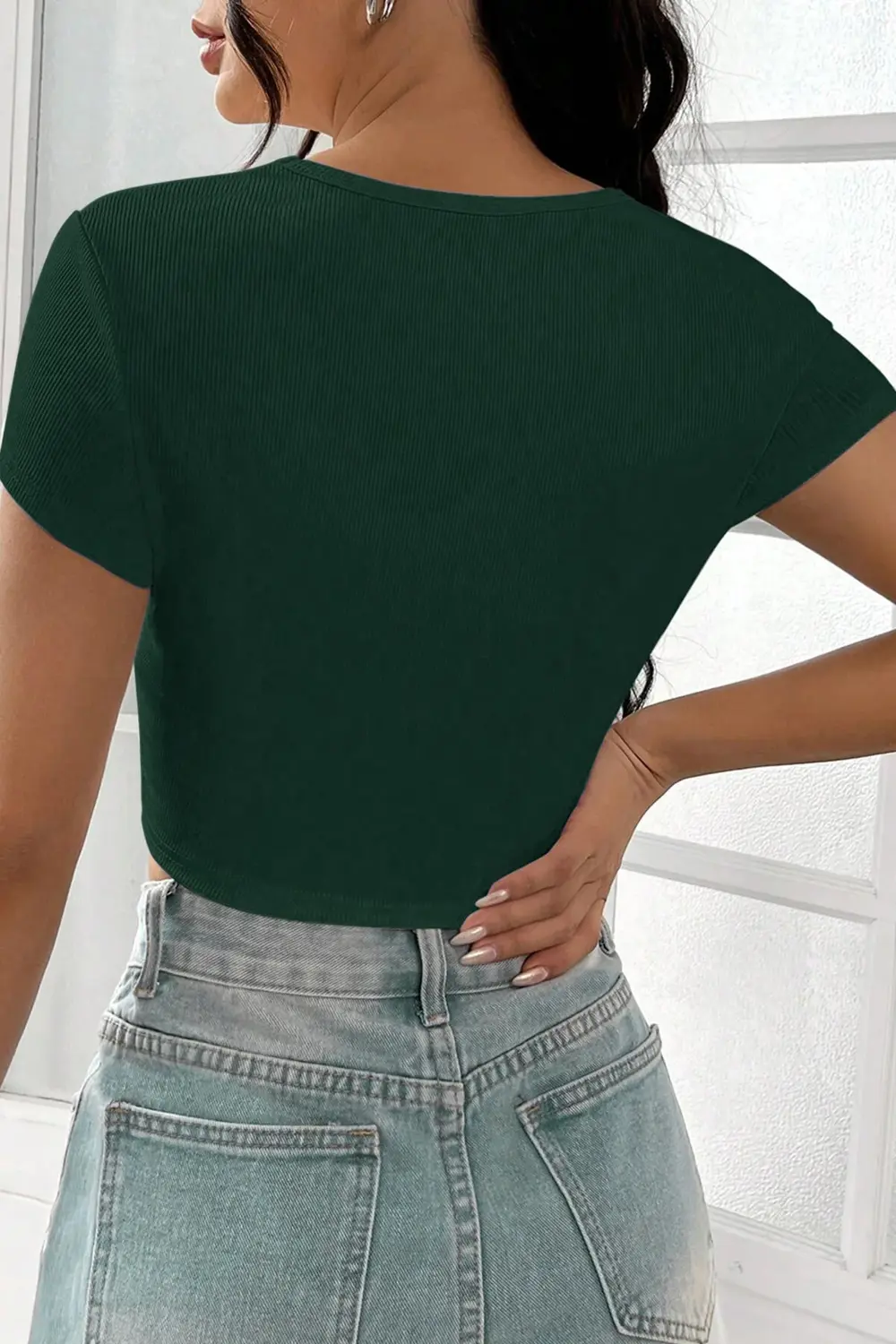 Kadın Yeşil Yarım Kol Düz Yaka Crop Top Bluz