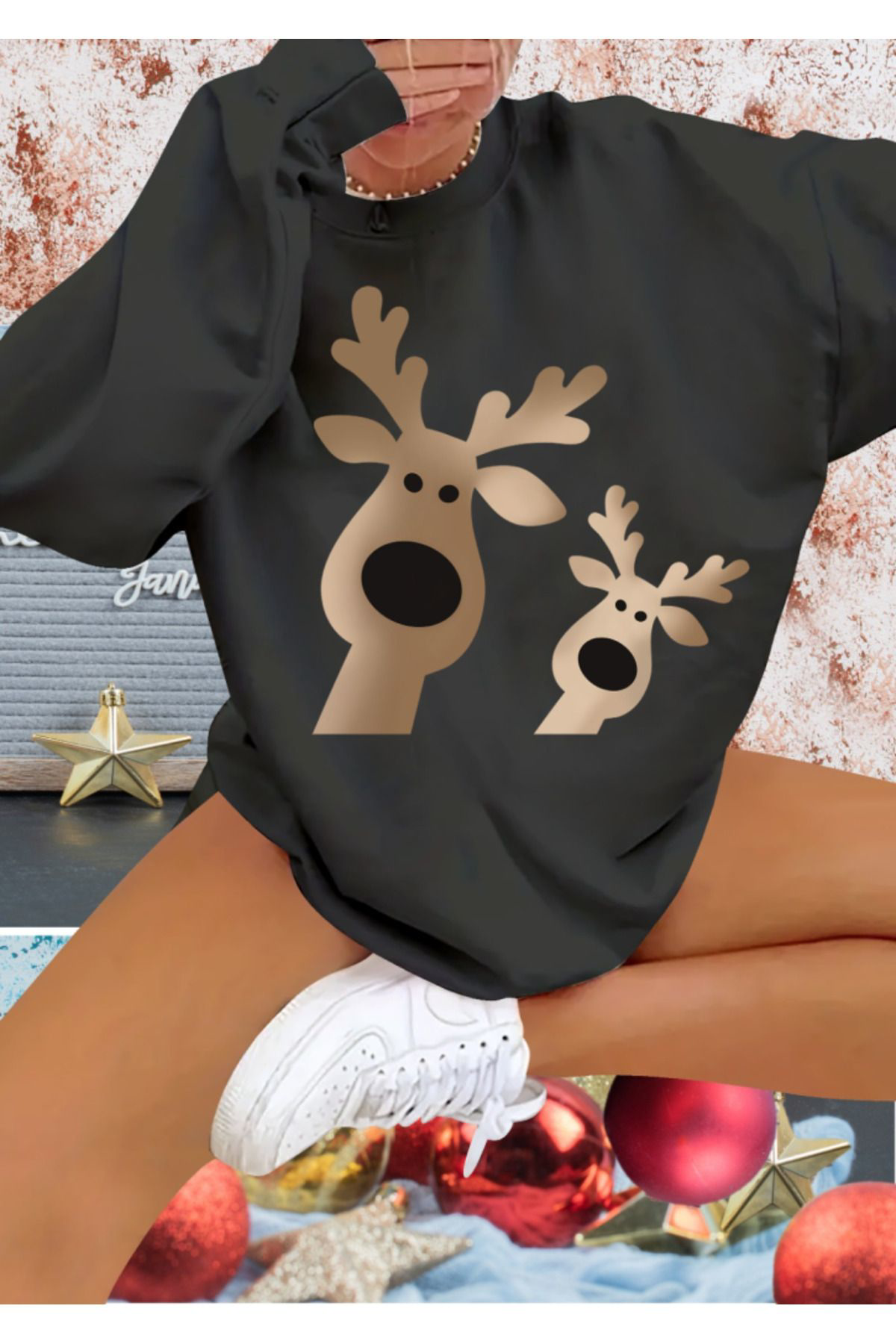 Kadın Yılbaşı Özel Uzun Kollu Bisiklet Yaka Geyik Desenli Viskon 