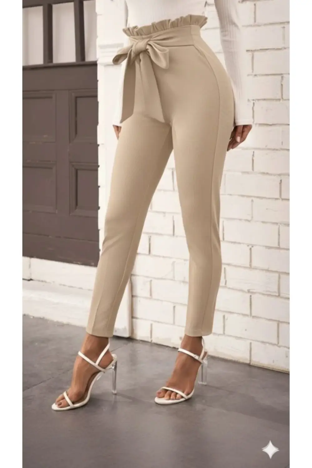 Kadın Yüksek Bel Beli Fırfırlı önden Bağlamalı Ithal Krep Pantolo