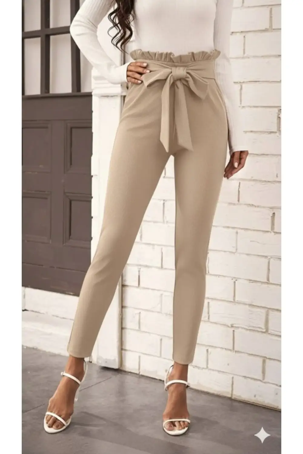 Kadın Yüksek Bel Beli Fırfırlı önden Bağlamalı Ithal Krep Pantolo