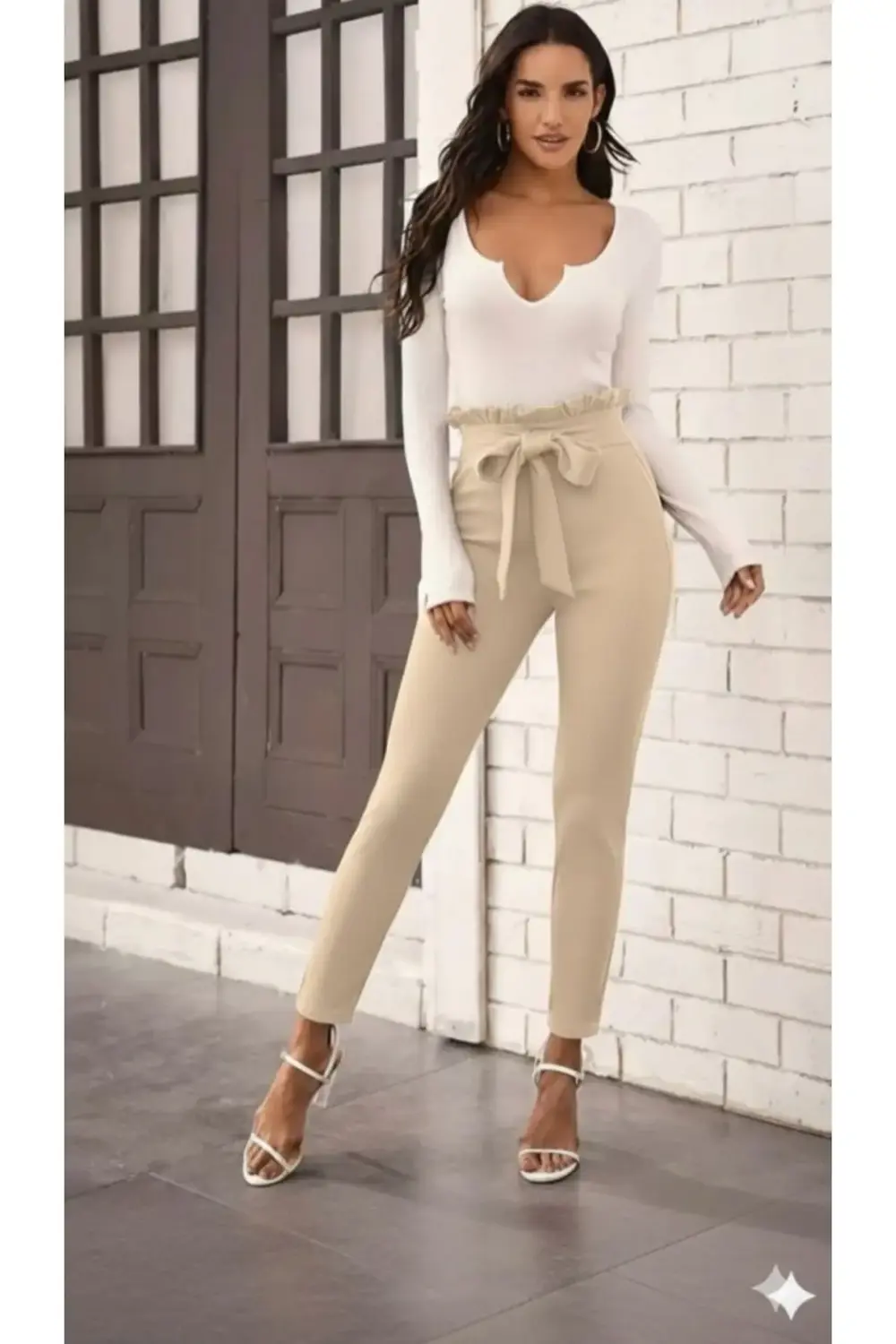 Kadın Yüksek Bel Beli Fırfırlı önden Bağlamalı Ithal Krep Pantolo