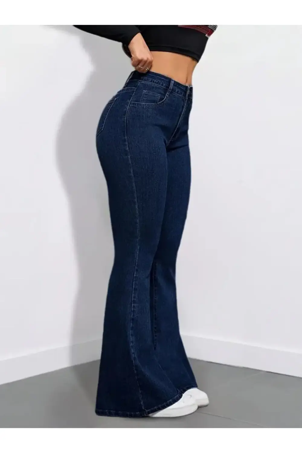 Kadın Yüksek Bel Cepli İspanyol Paçalı Kot Pantolon