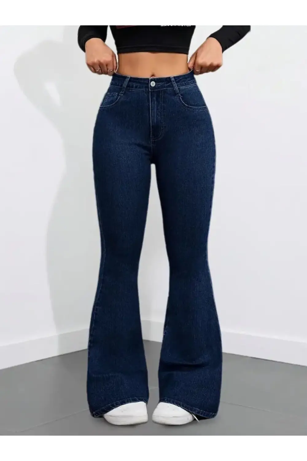 Kadın Yüksek Bel Cepli İspanyol Paçalı Kot Pantolon