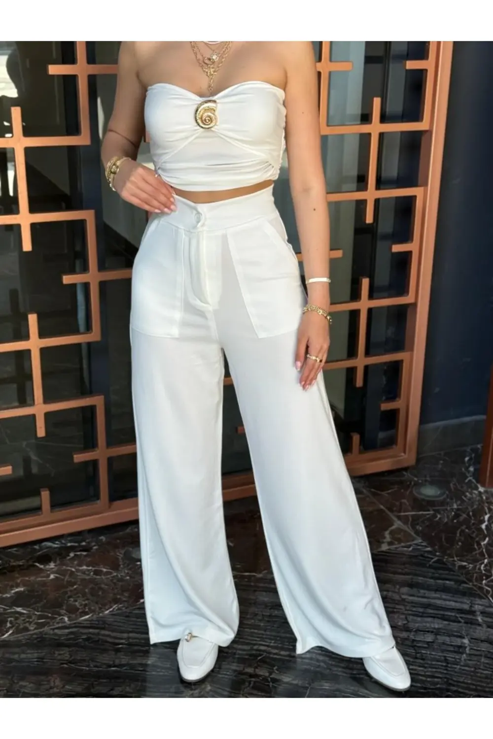 Kadın Yüksek Bel Geniş Paça Detaylı Cepli Ithal Krep Pantolon