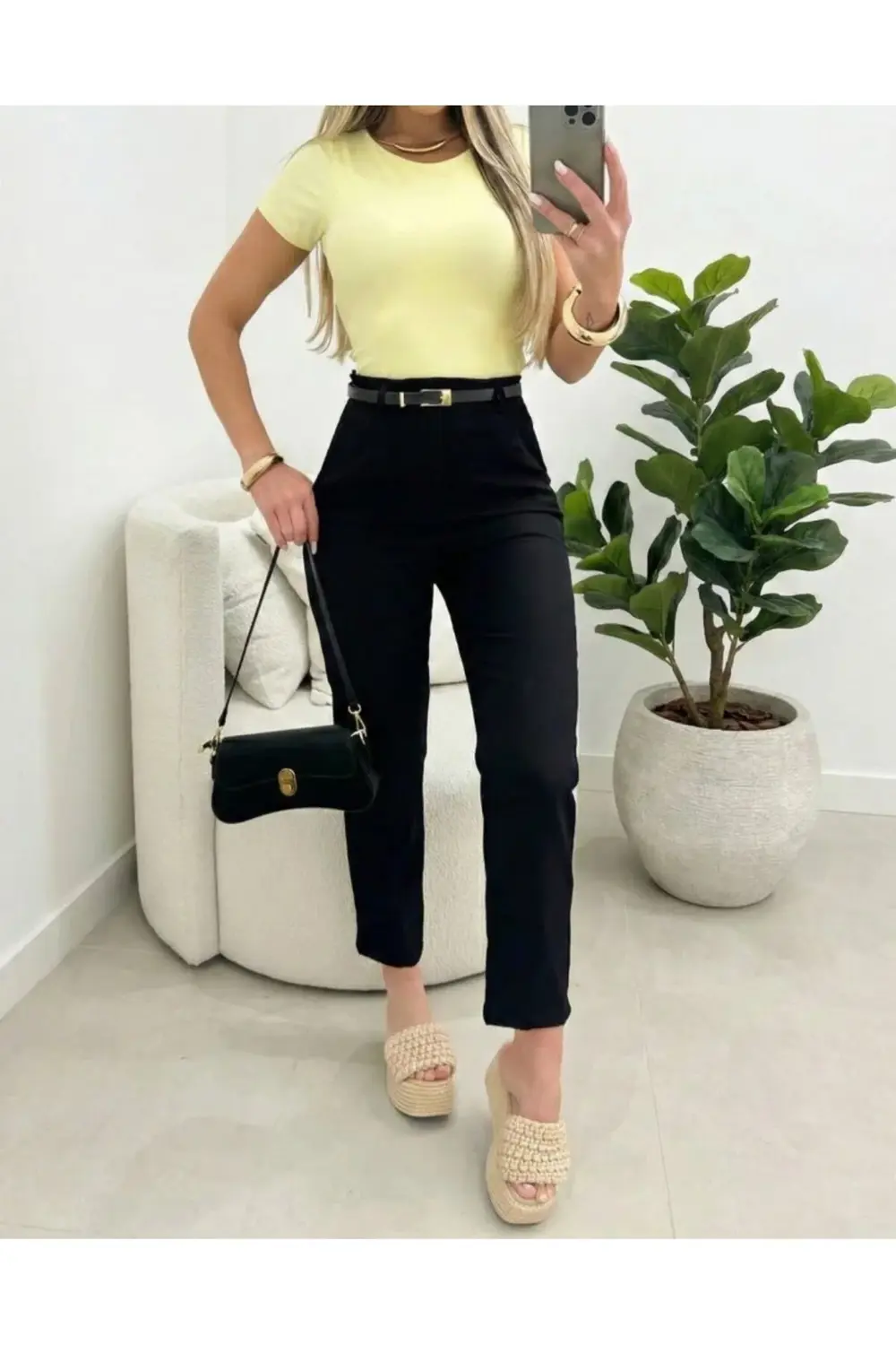 Kadın Yüksek Bel Kemersiz Ithal Krep Pantolon
