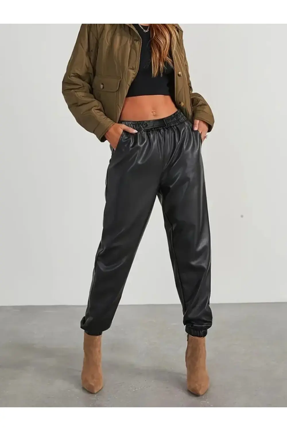 Kadın Yüksek Bel Lastikli önü Düğmeli Deri Pantolon