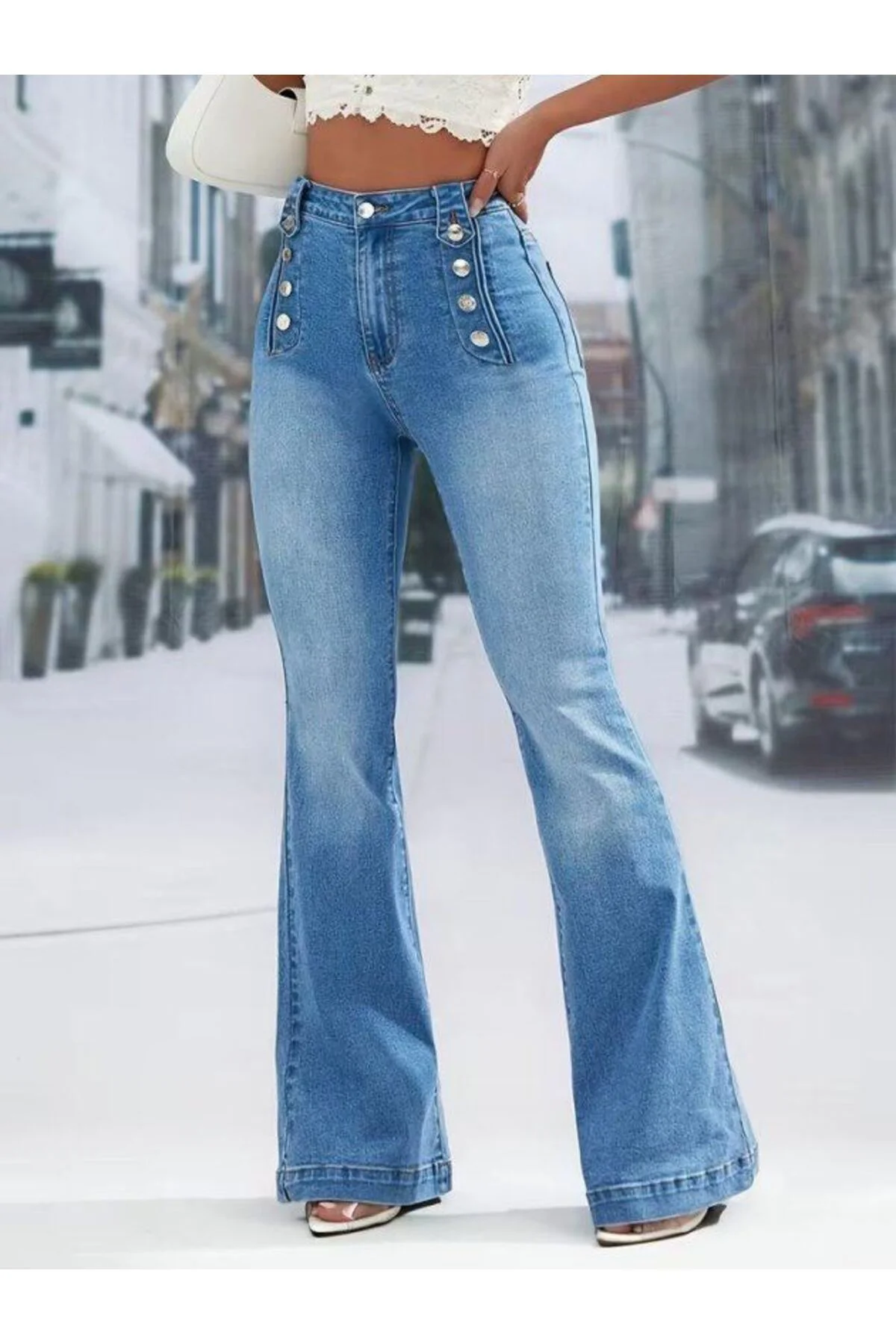 Kadın Yüksek Bel önden Düğme Detaylı Parçaya Doğru Geniş Kot Pant